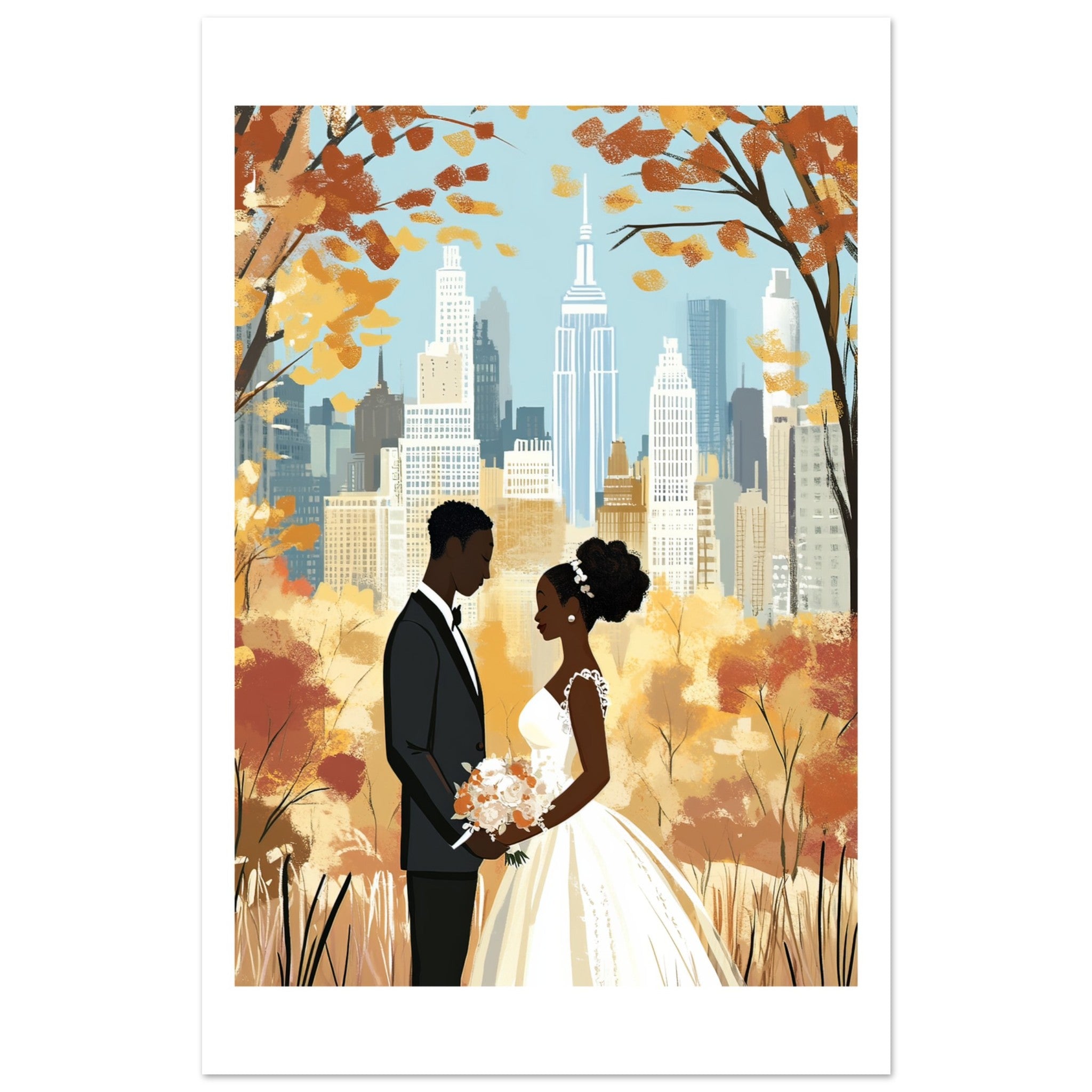 A black wedding couple infront of New York 1