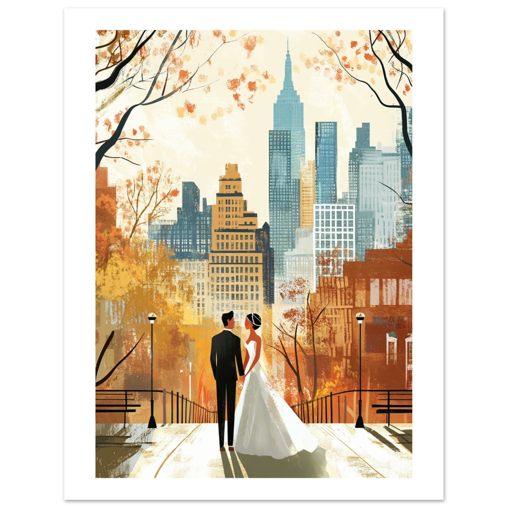 A mixed wedding couple infront of New York 1