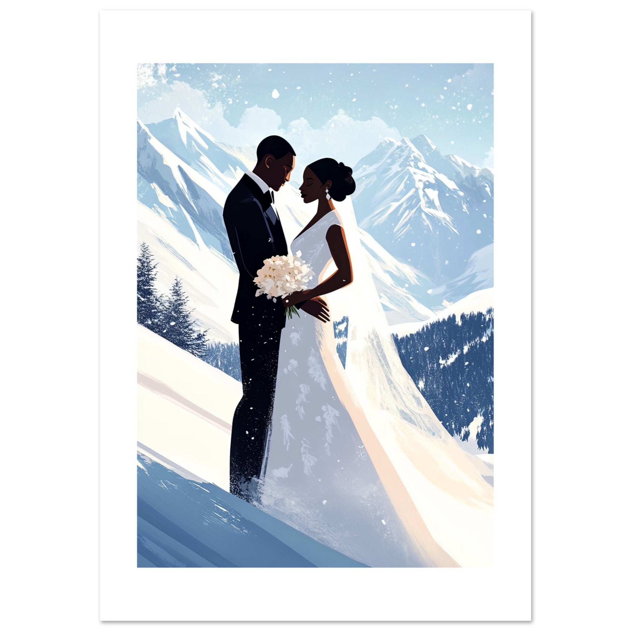 A black wedding couple infront of on the skislope