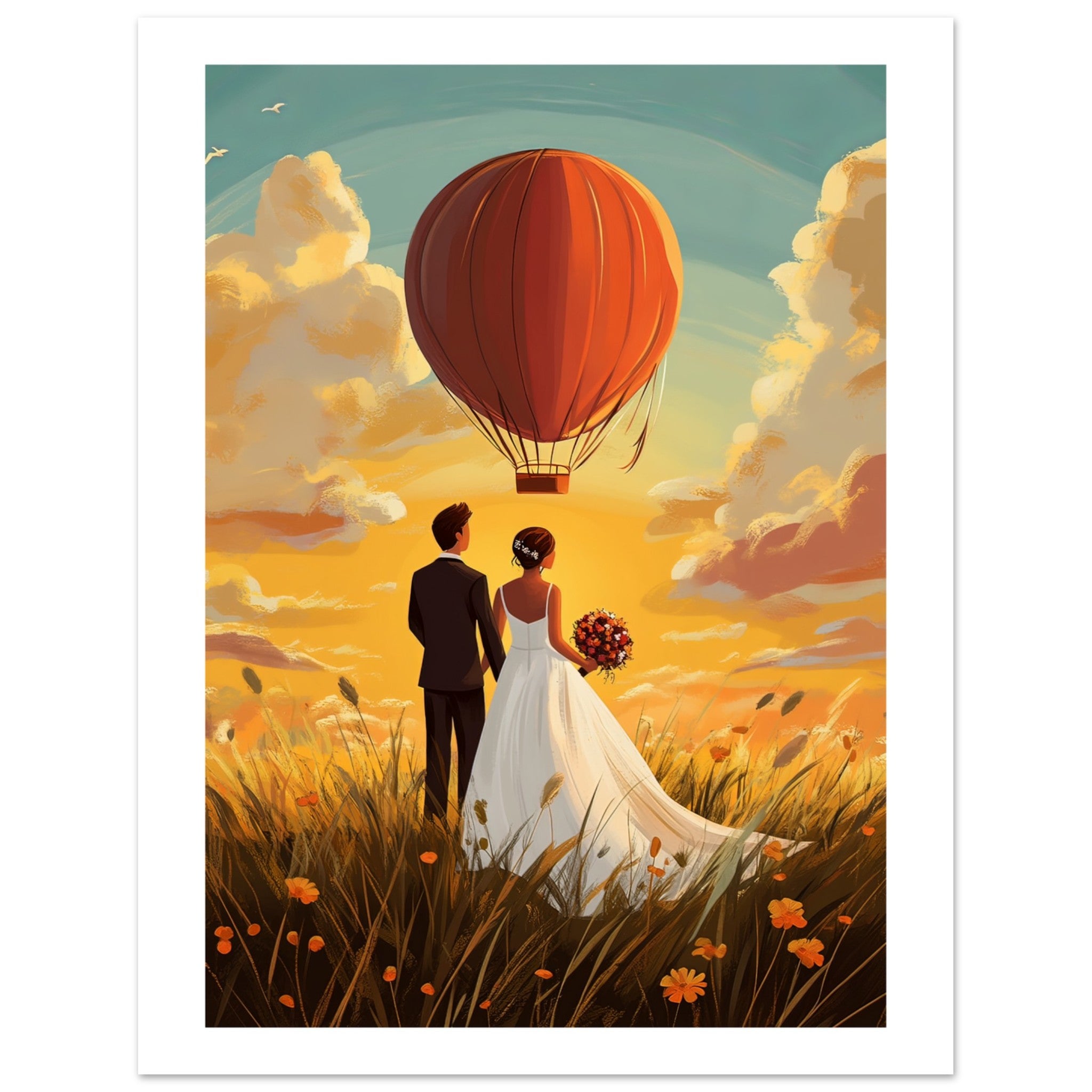 A wedding couple infront of a hot ballon