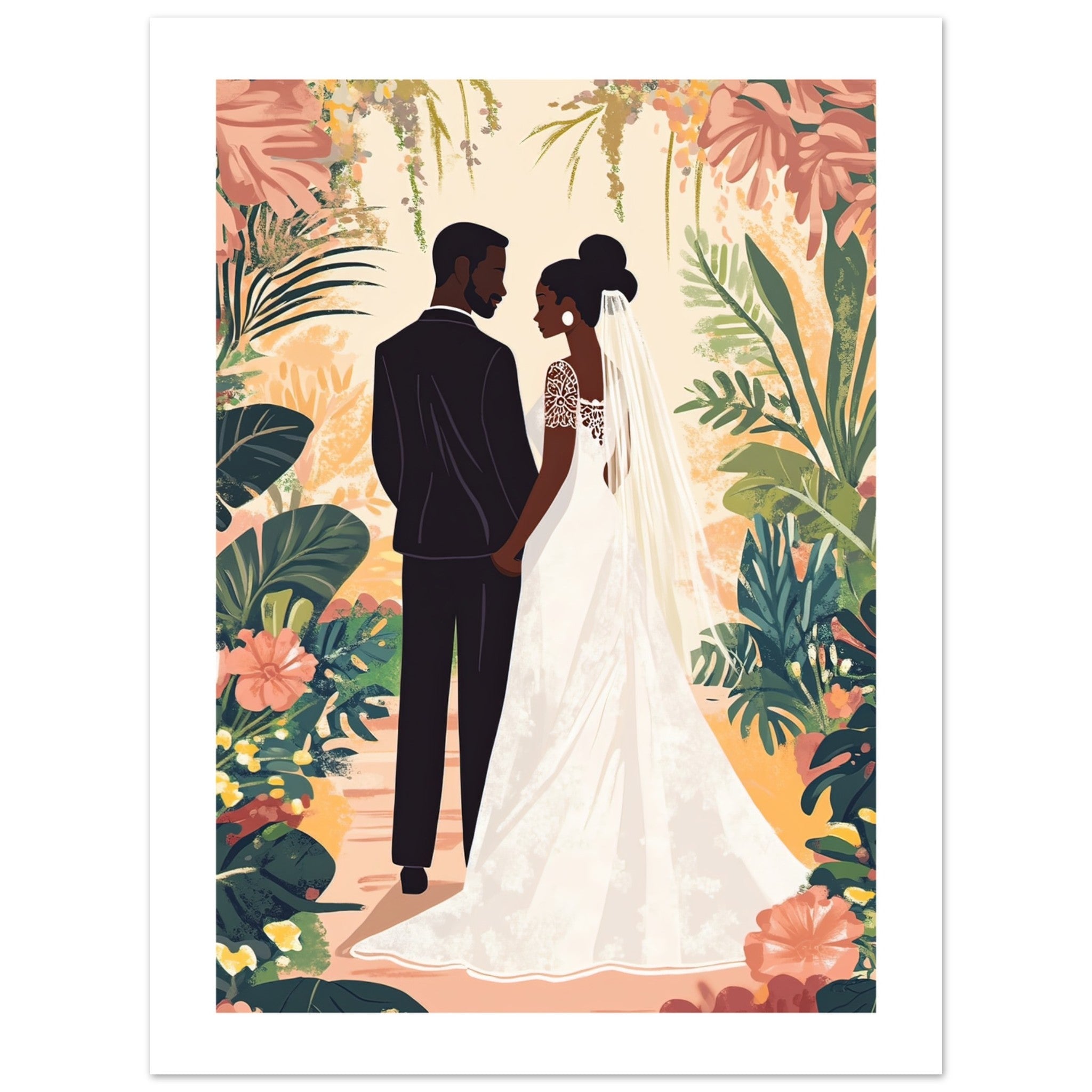 A black wedding couple infront of a garden