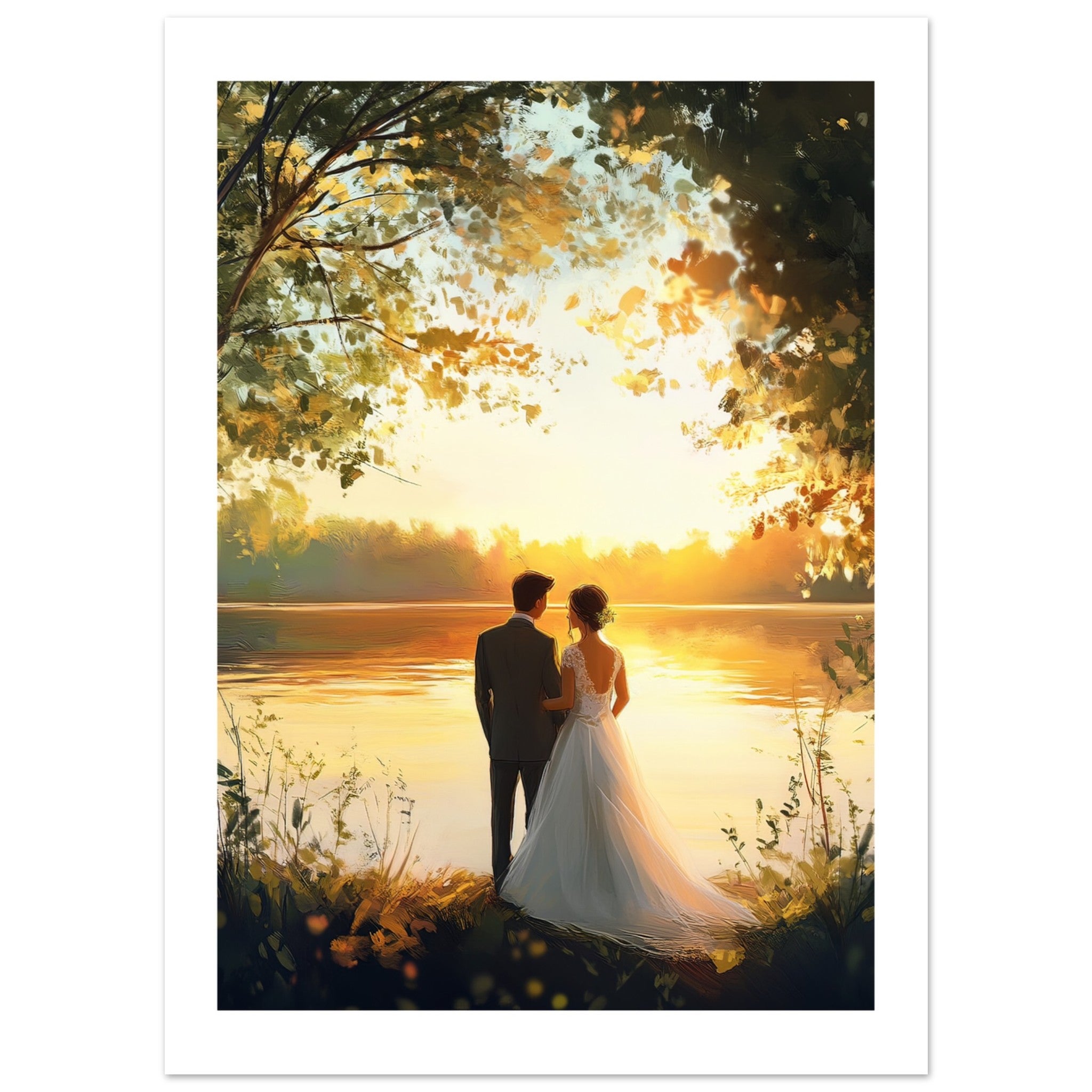 A wedding couple infront of a lake