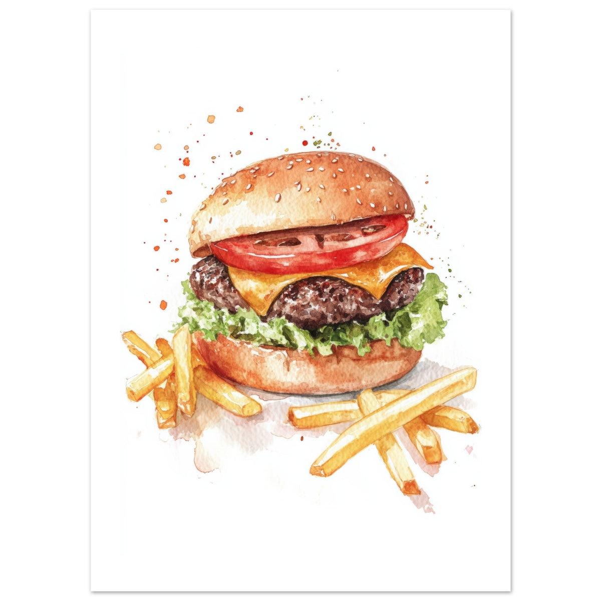 Beef Burgers With Fries Watercolor Painting Wall Art