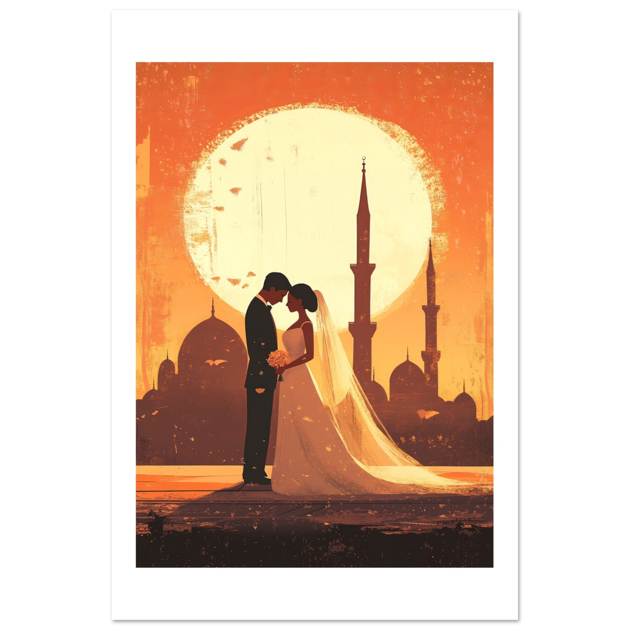 A wedding couple infront of a mosque
