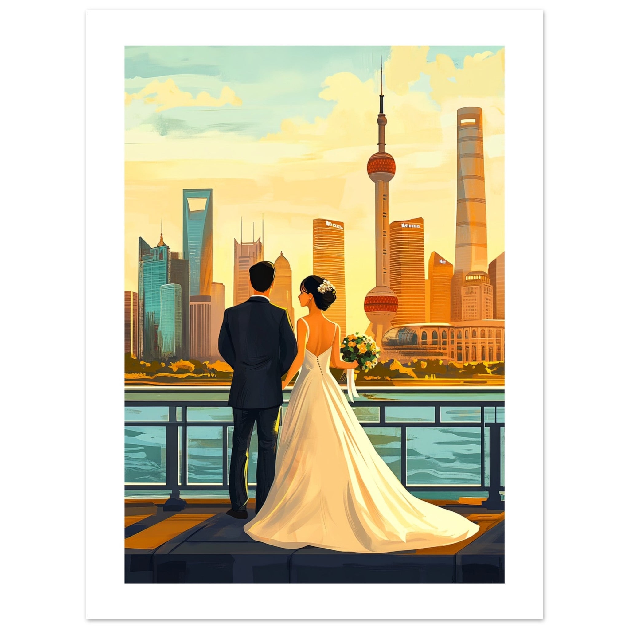 An asian wedding couple infront of Shanghai