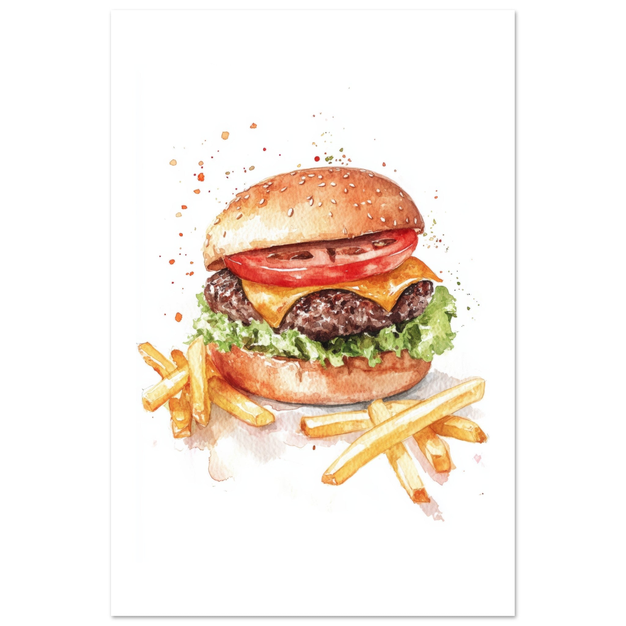 Beef Burgers With Fries Watercolor Painting Wall Art