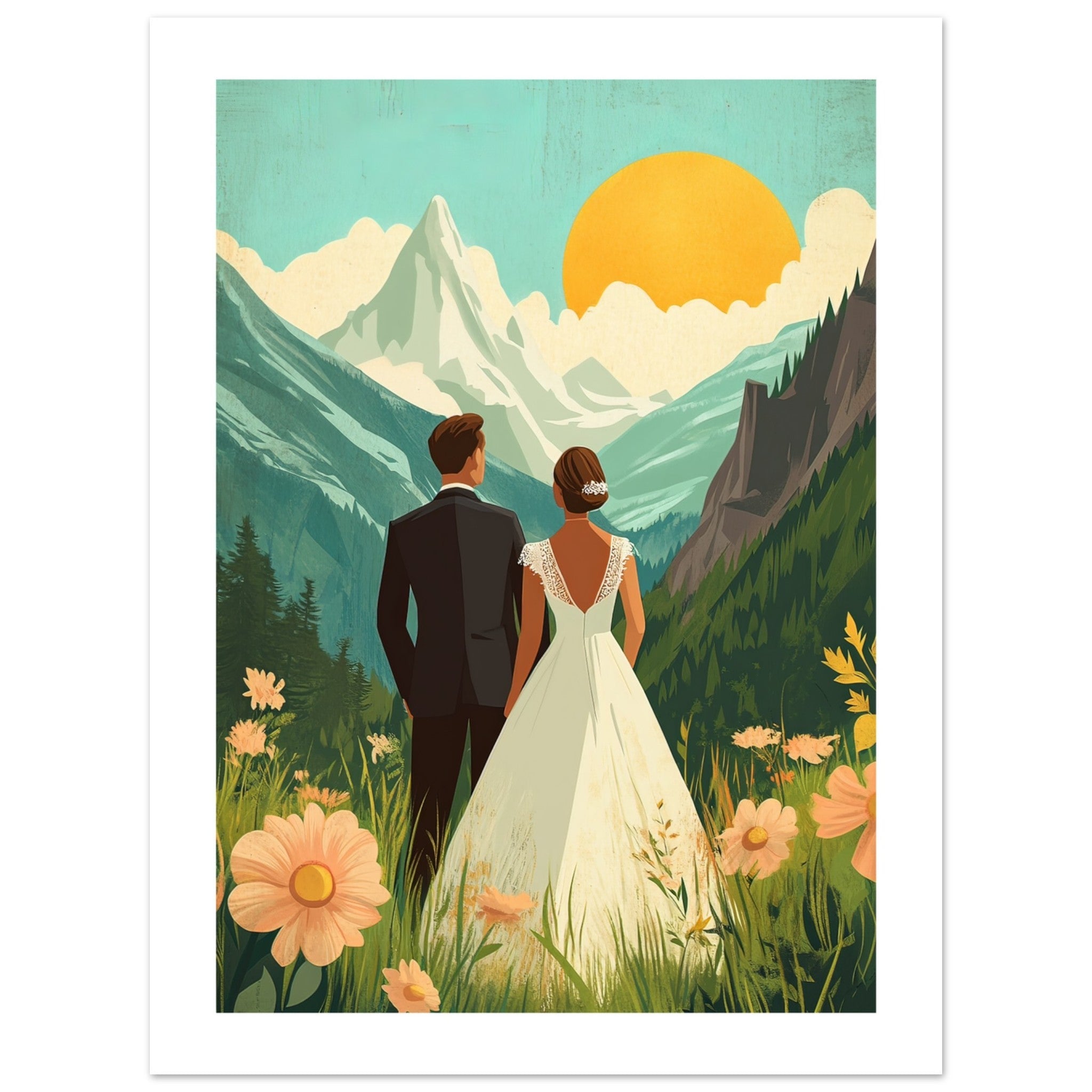 A mixed wedding couple infront of mountains