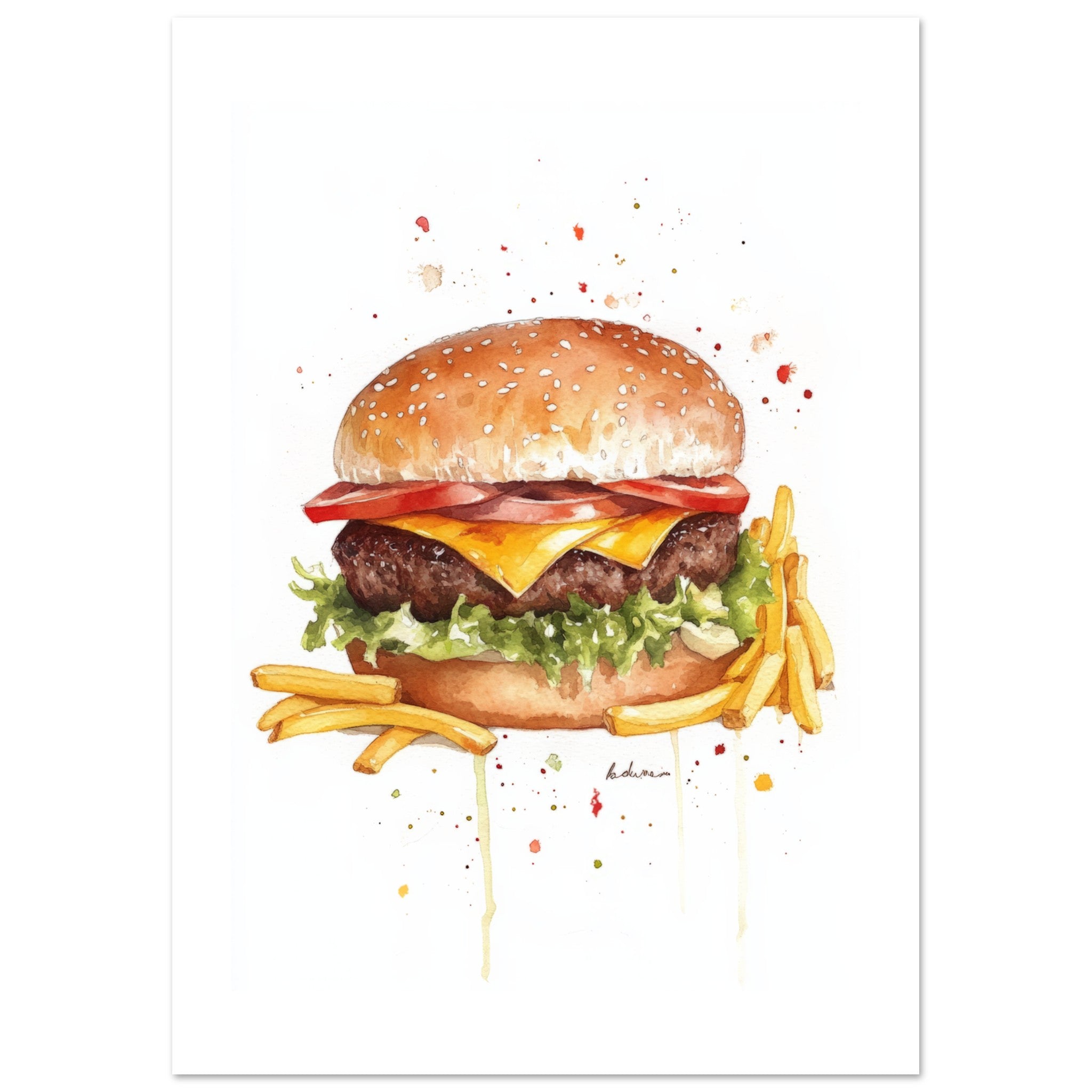Beef Burgers With Fries Watercolor Painting Wall Art 2