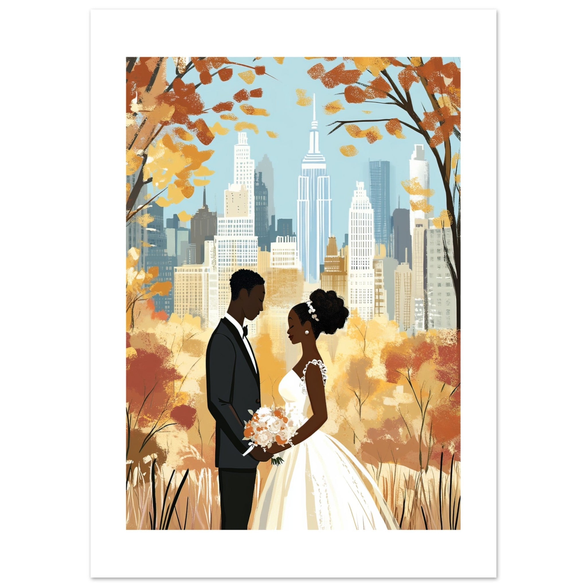 A black wedding couple infront of New York 1