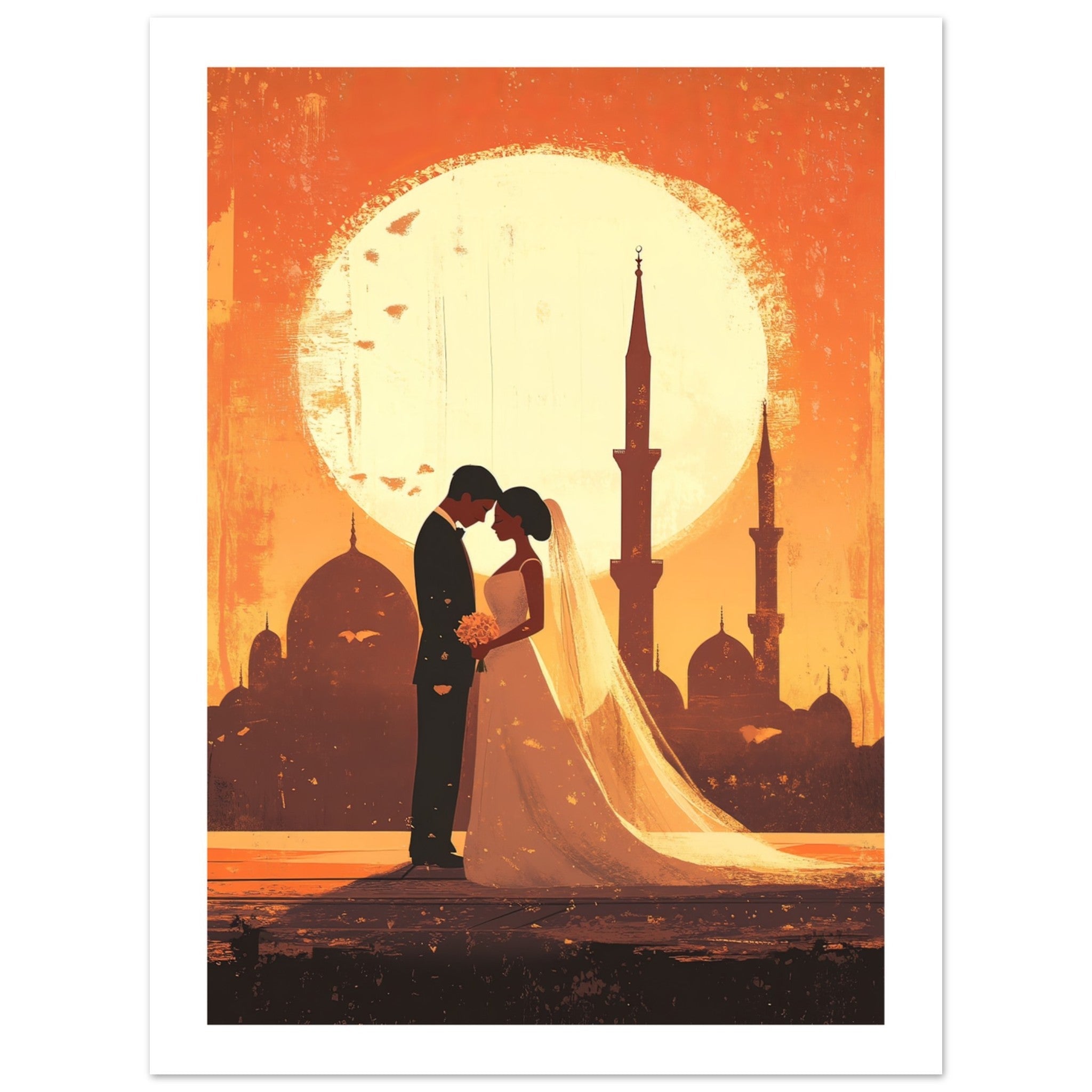 A wedding couple infront of a mosque