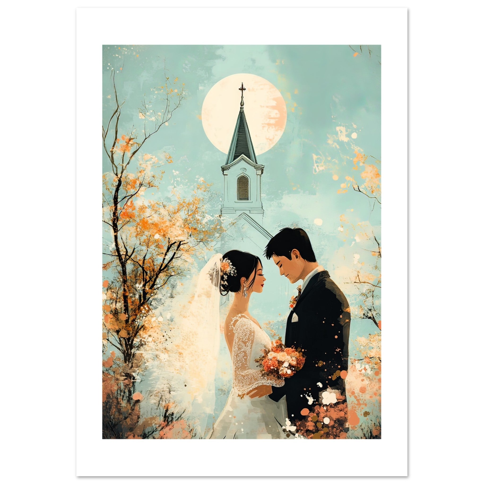 An asian wedding couple infront of a church