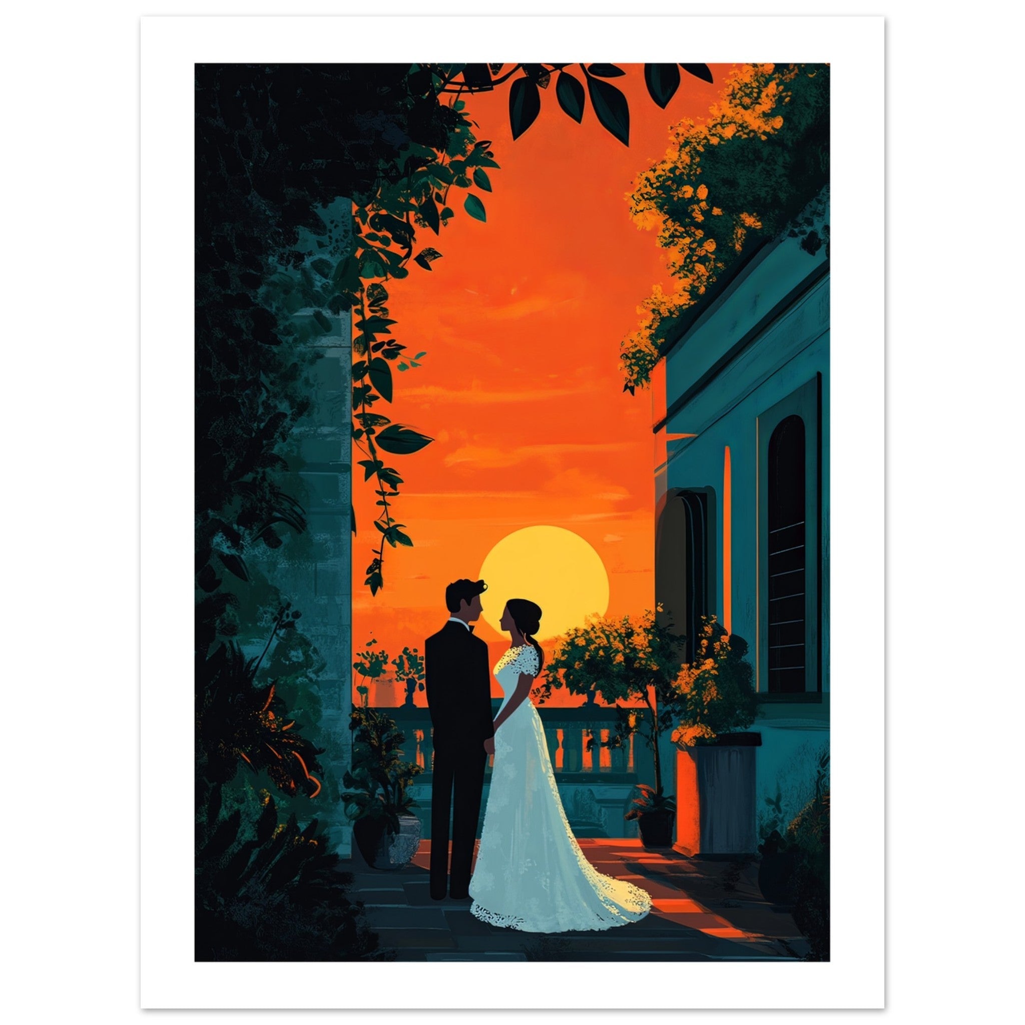 A wedding couple infront of a museum