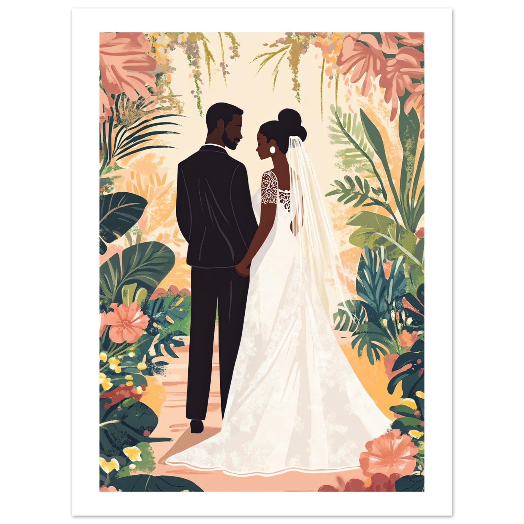 A black wedding couple infront of a garden