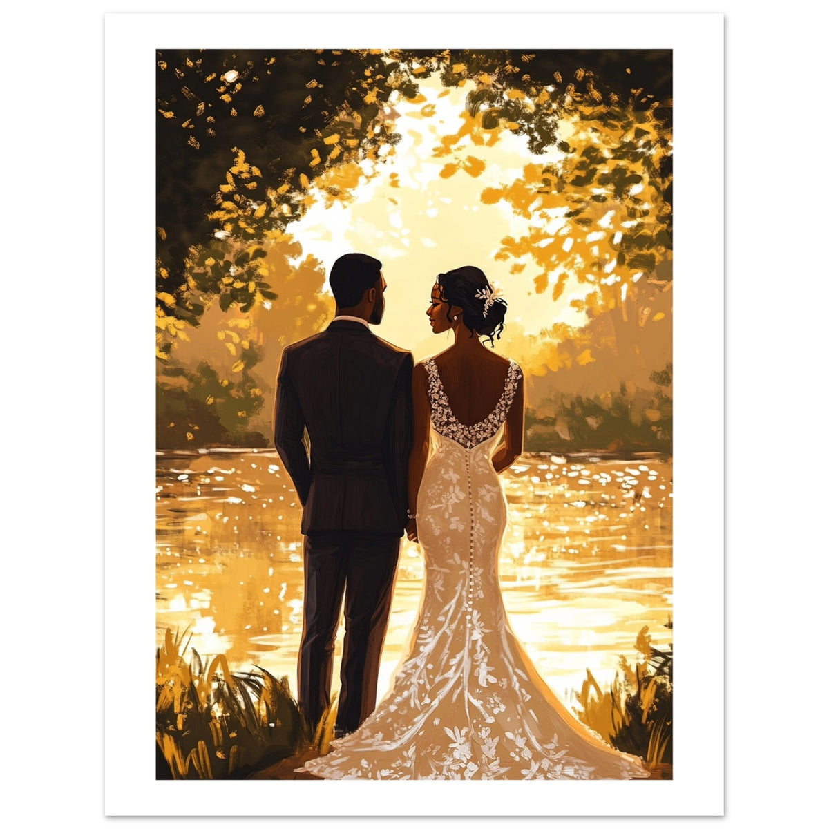 A black wedding couple infront of a lake