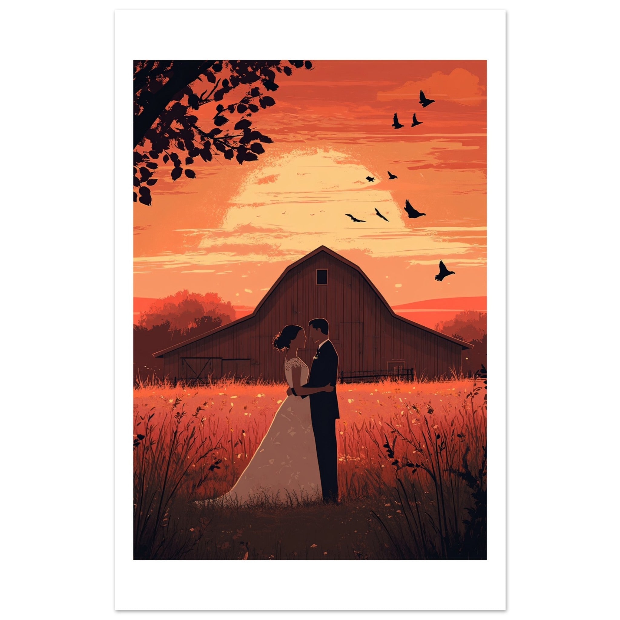 A wedding couple infront of a barn of a farm