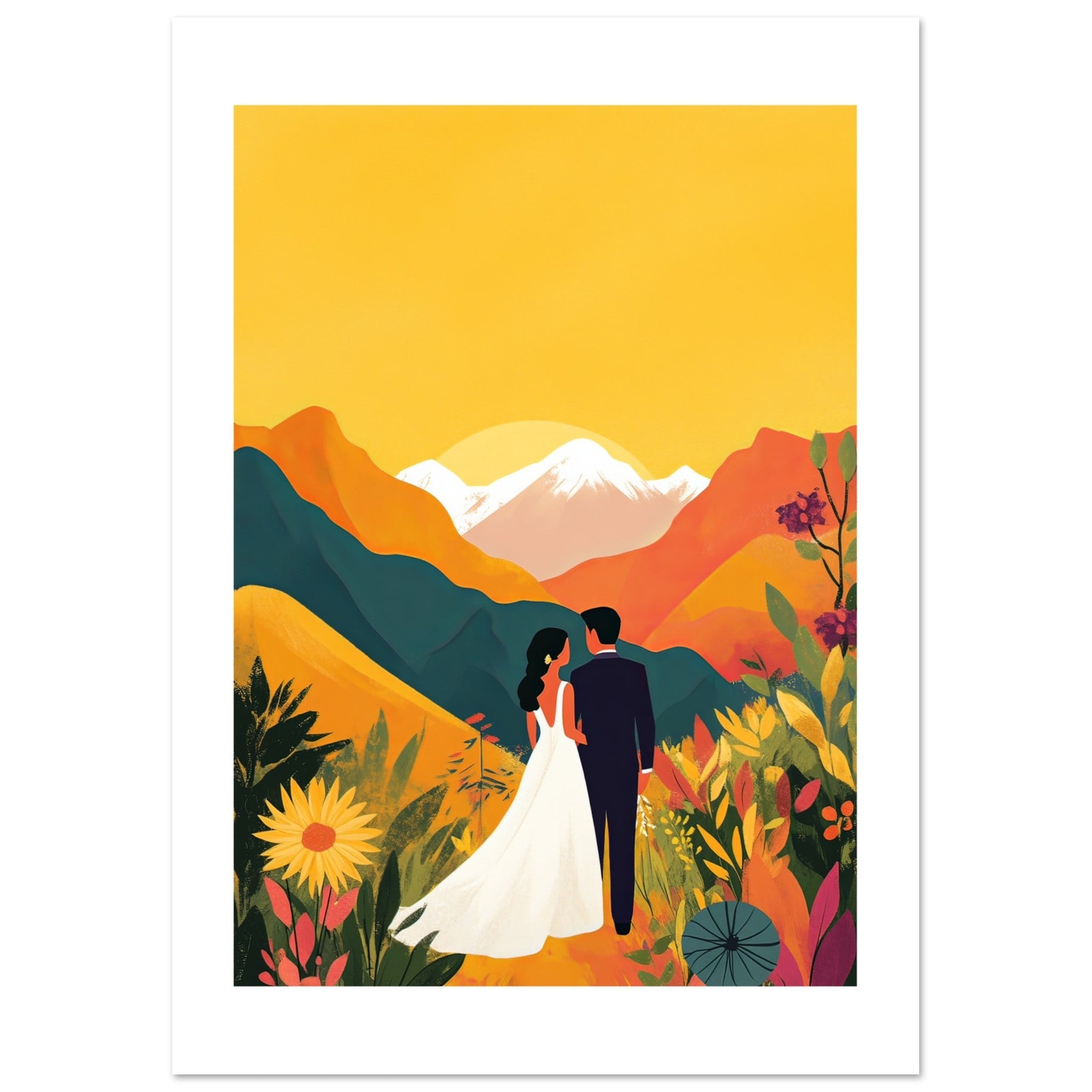 An asian wedding couple infront of mountains