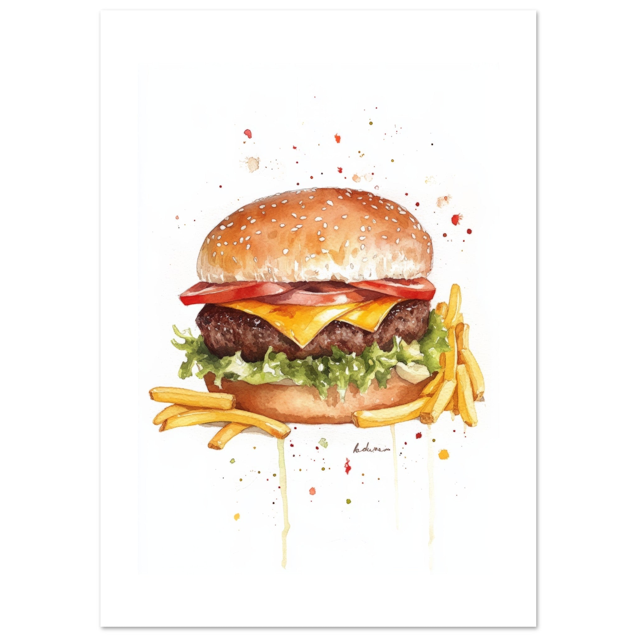 Beef Burgers With Fries Watercolor Painting Wall Art 2