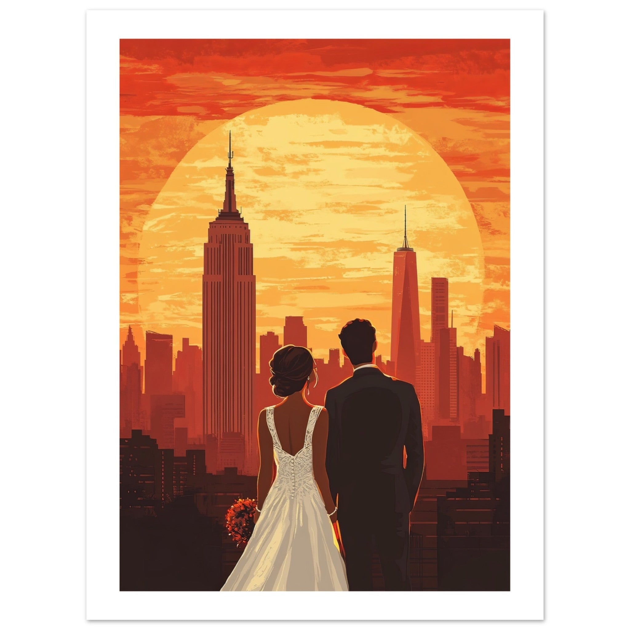 A wedding couple infront of New York 1