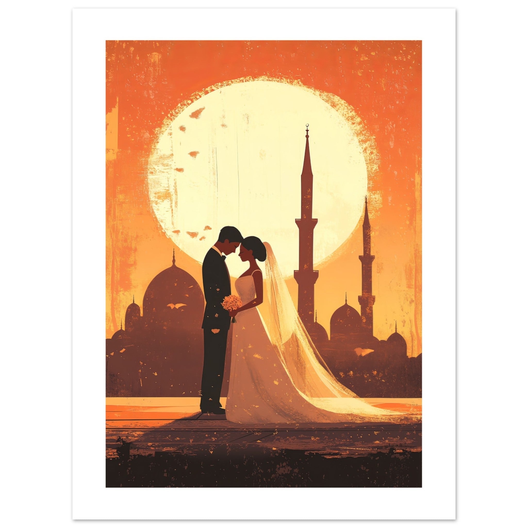 A wedding couple infront of a mosque