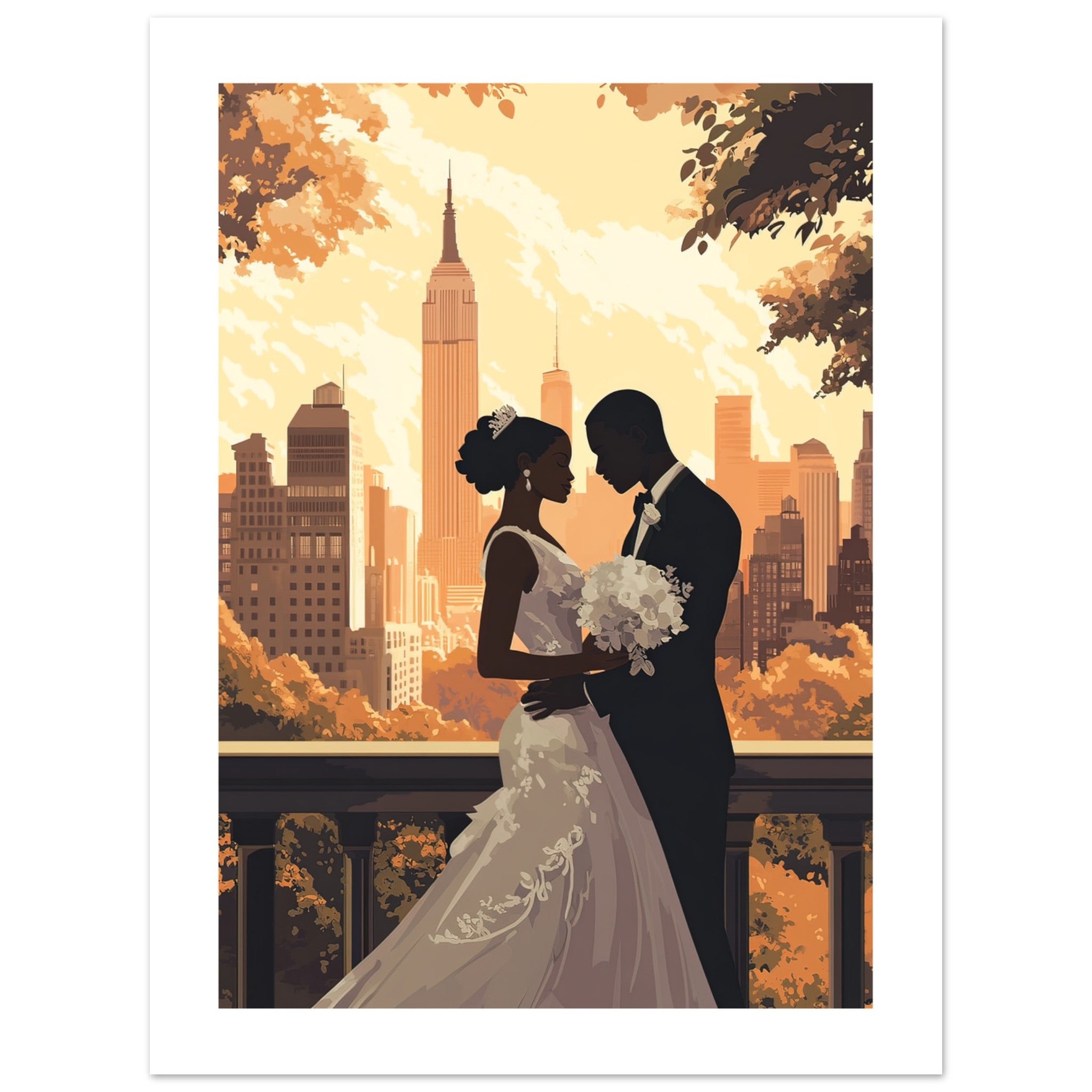 A black wedding couple infront of New York