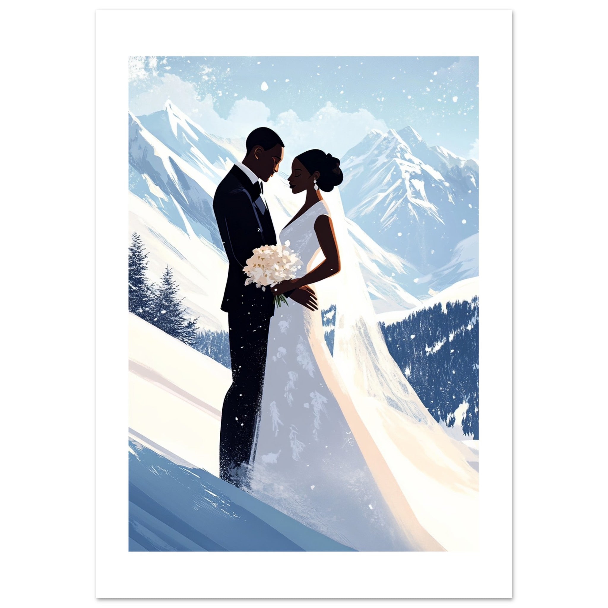 A black wedding couple infront of on the skislope
