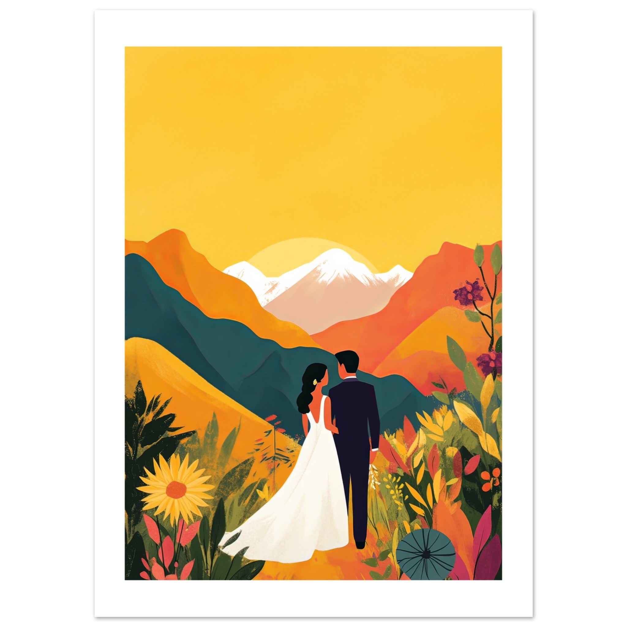 An asian wedding couple infront of mountains