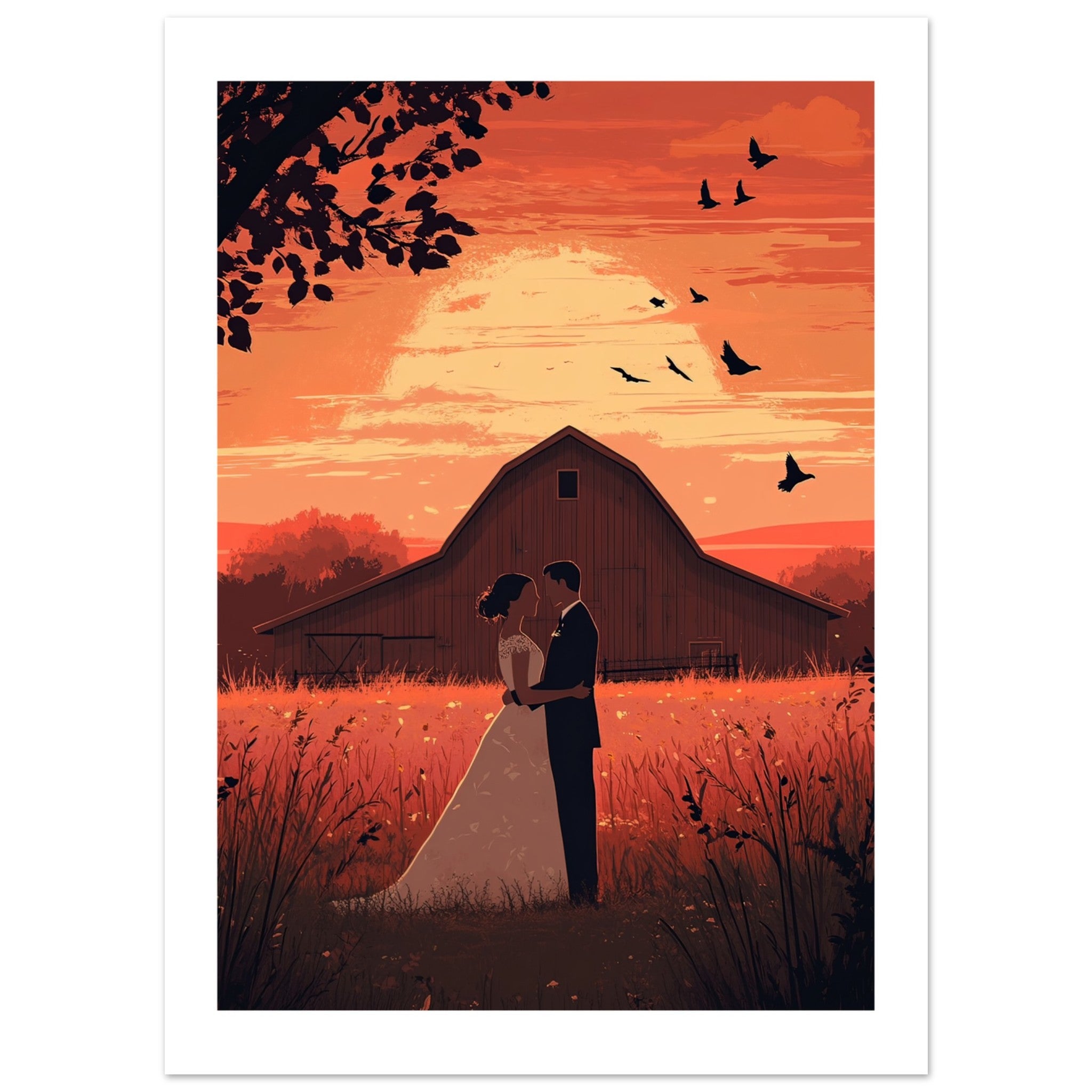 A wedding couple infront of a barn of a farm