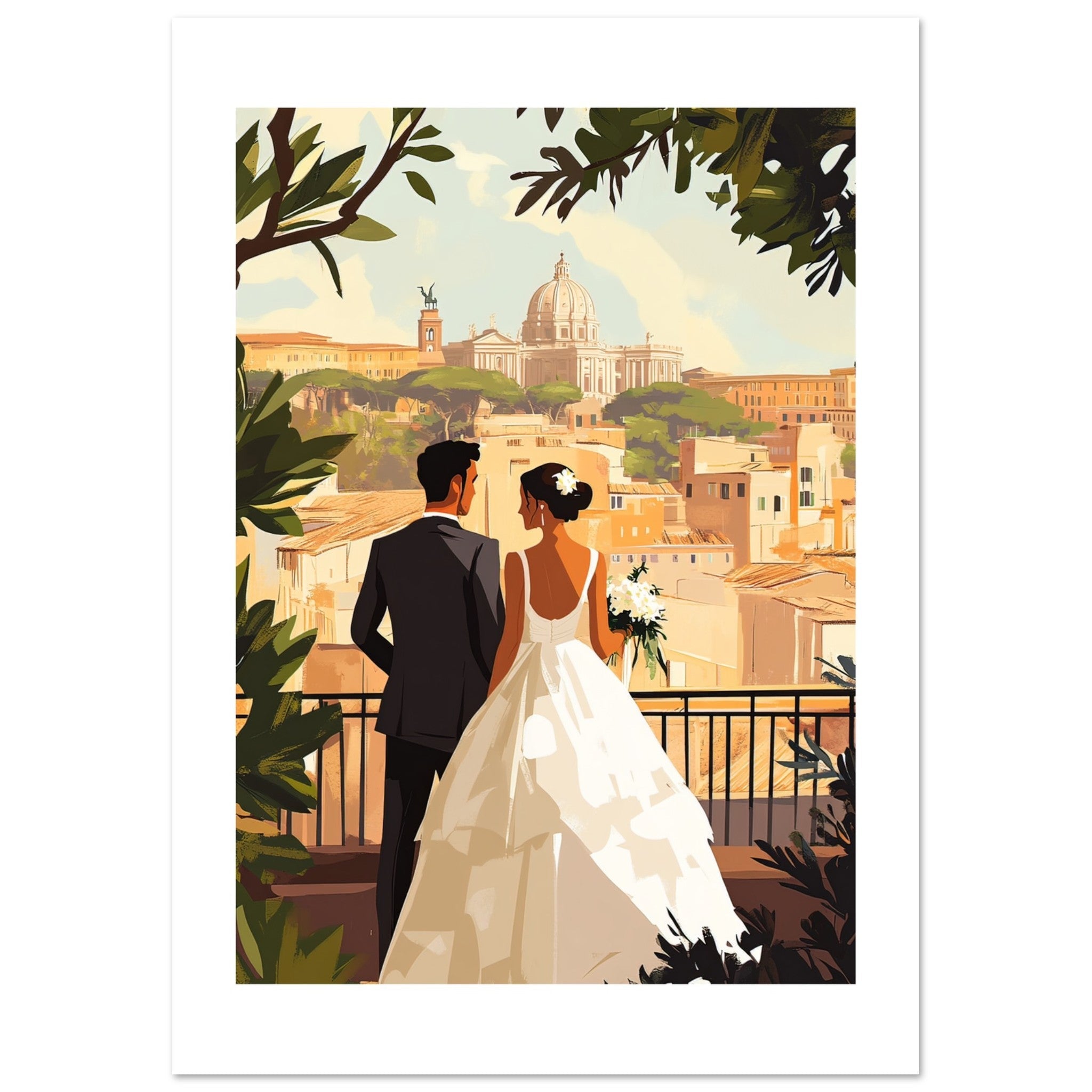 A mixed wedding couple infront of Rome