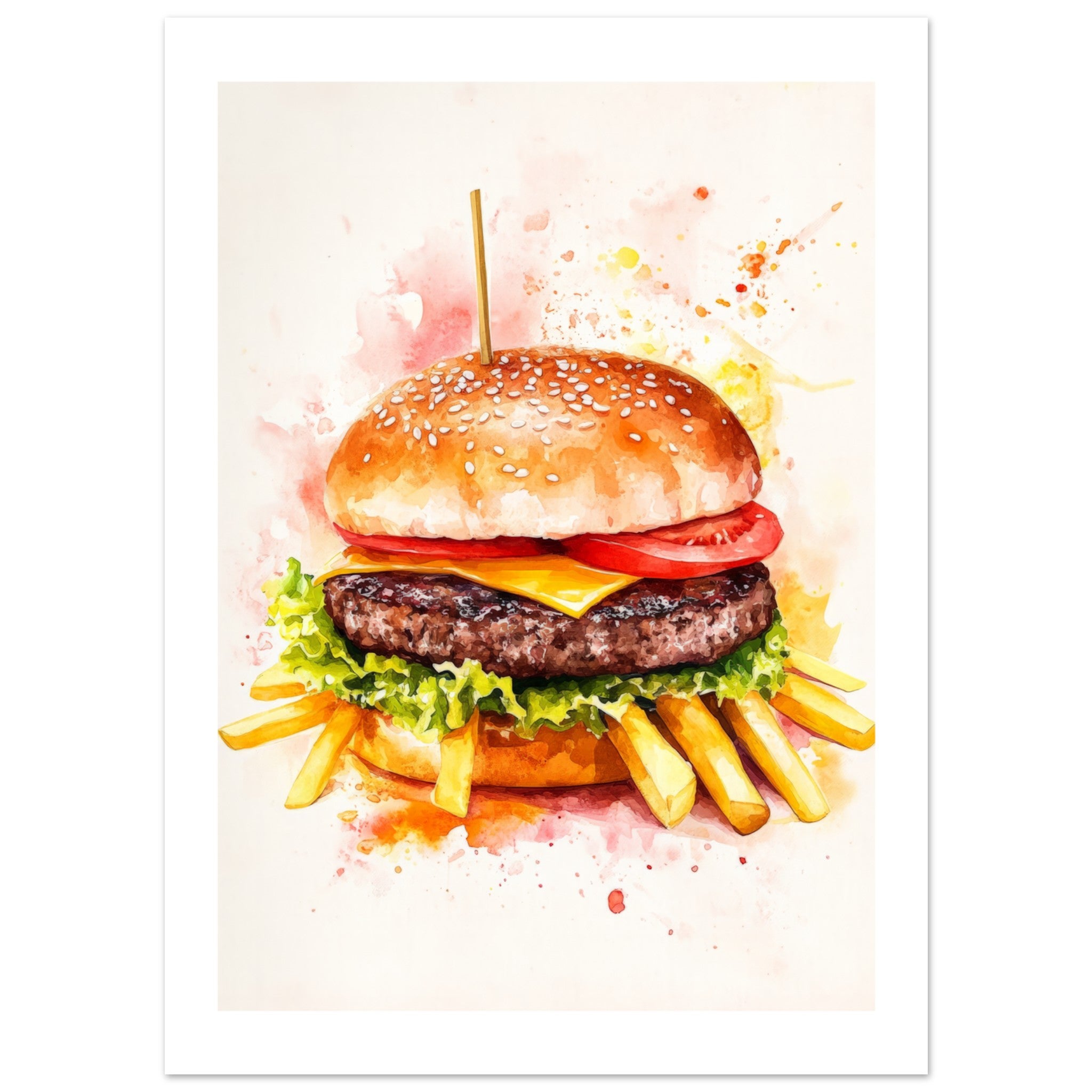 Beef Burgers With Fries Watercolor Painting Wall Art 1