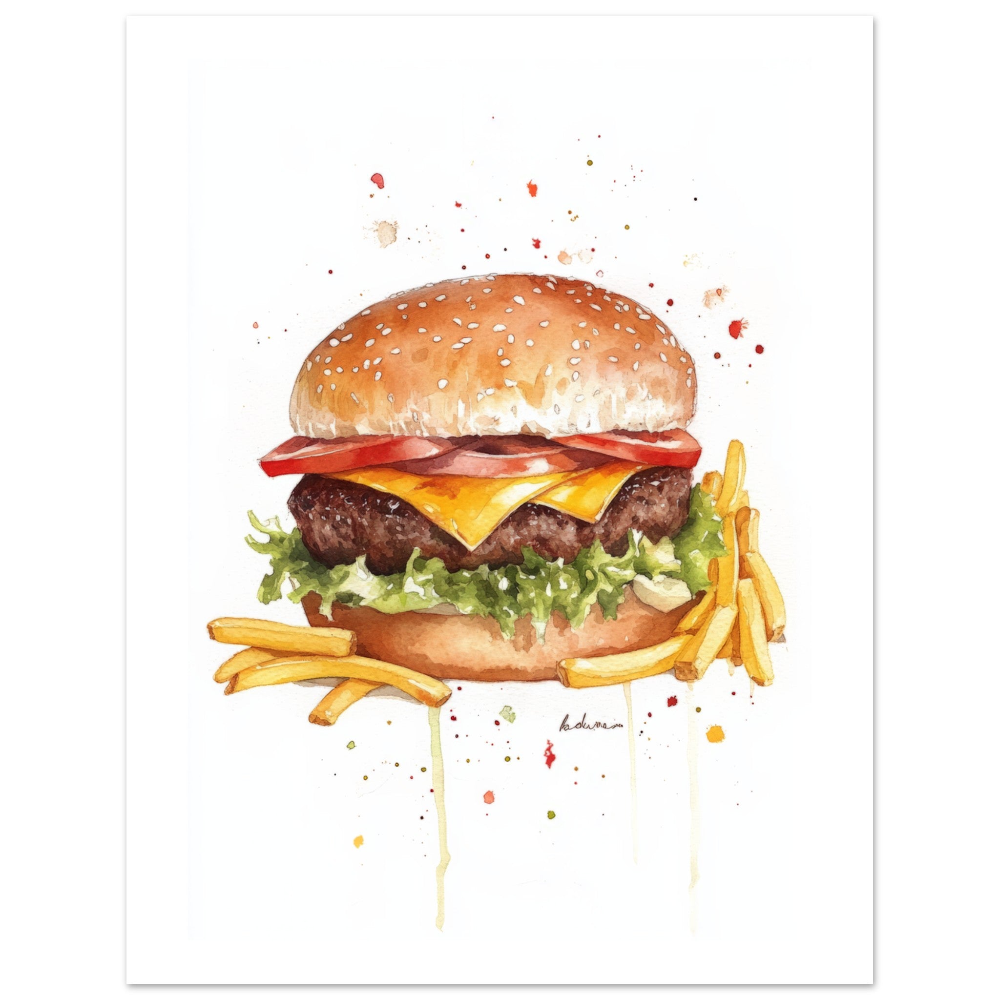 Beef Burgers With Fries Watercolor Painting Wall Art 2