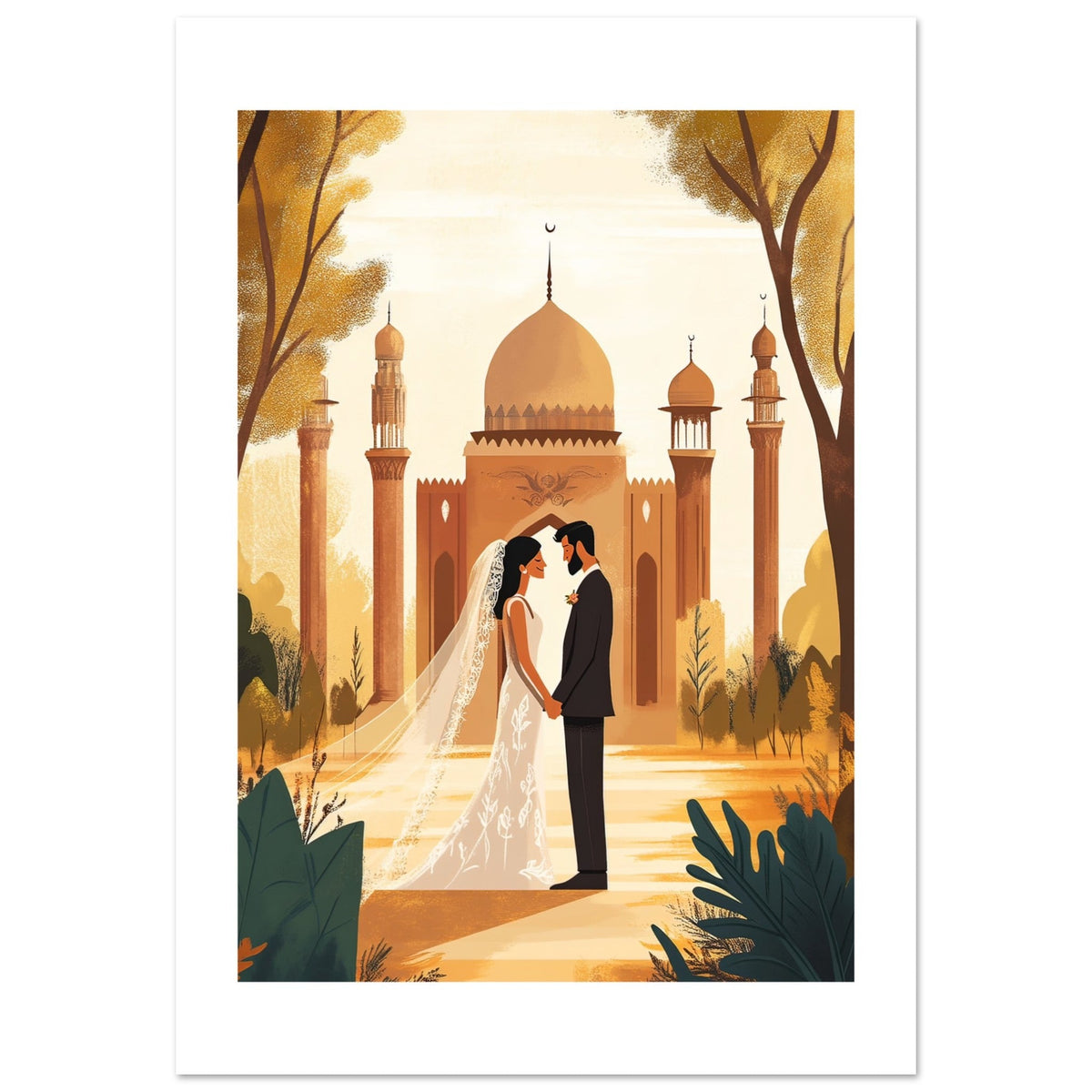 A mixed wedding couple infront of a mosque