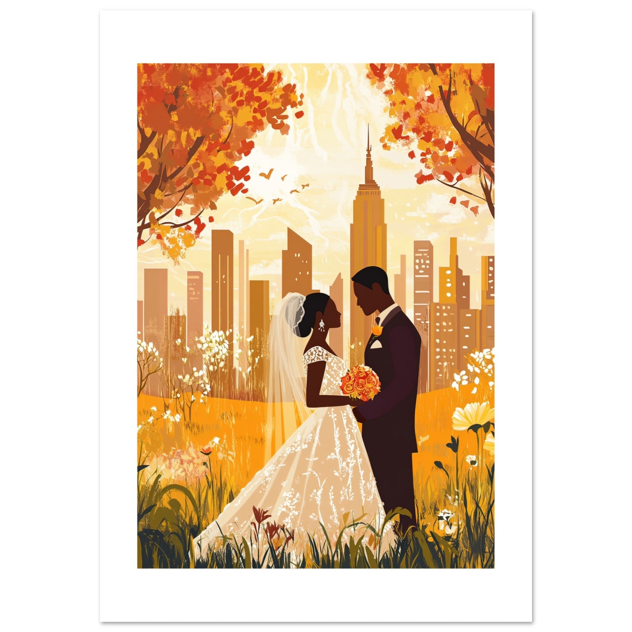 A mixed wedding couple infront of New York