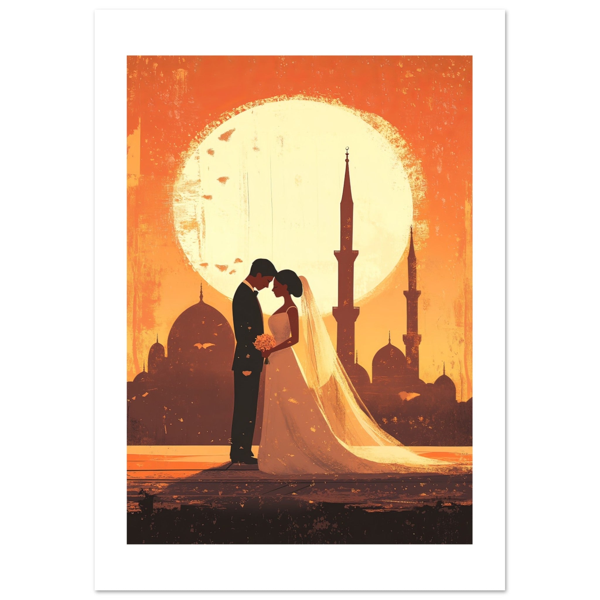 A wedding couple infront of a mosque