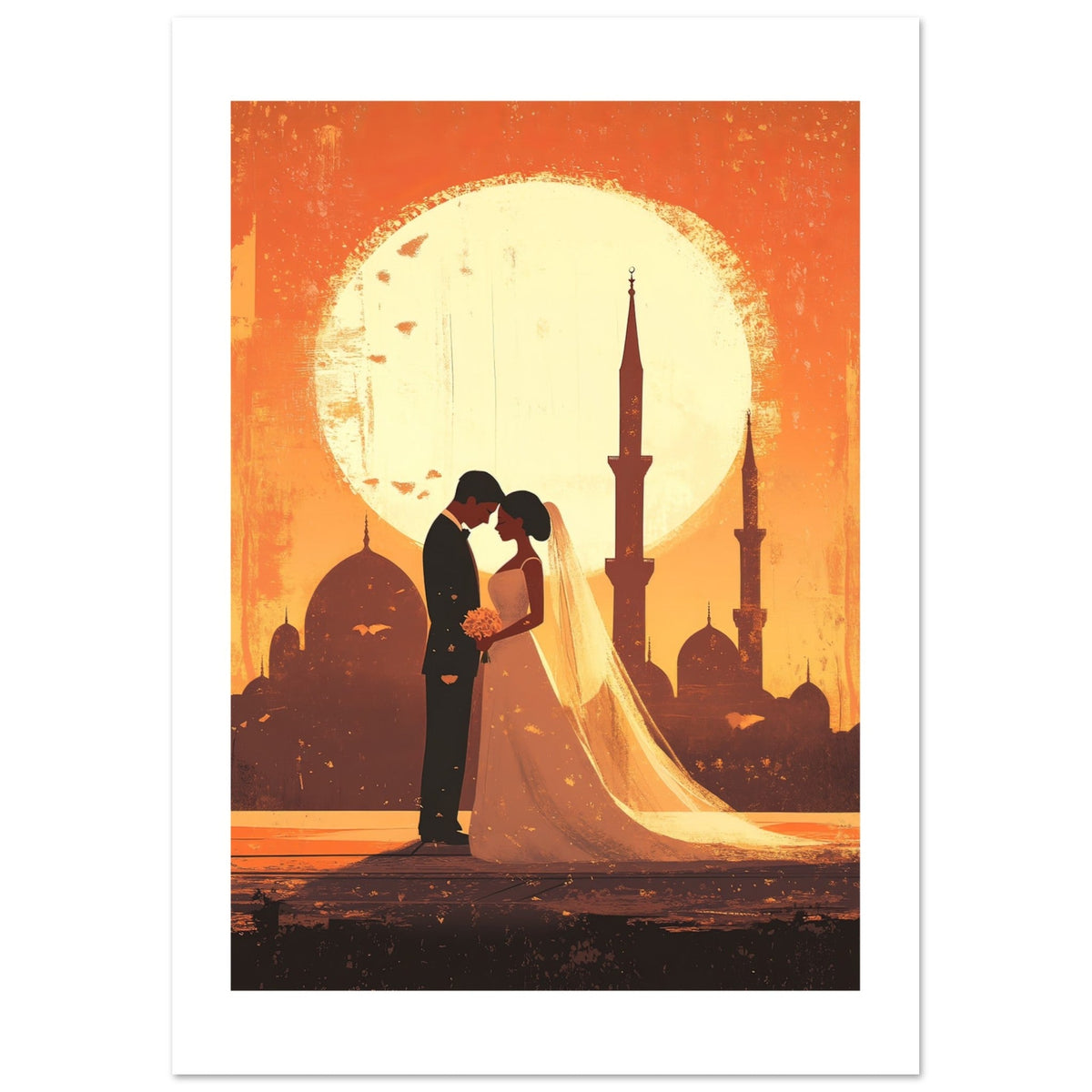 A wedding couple infront of a mosque