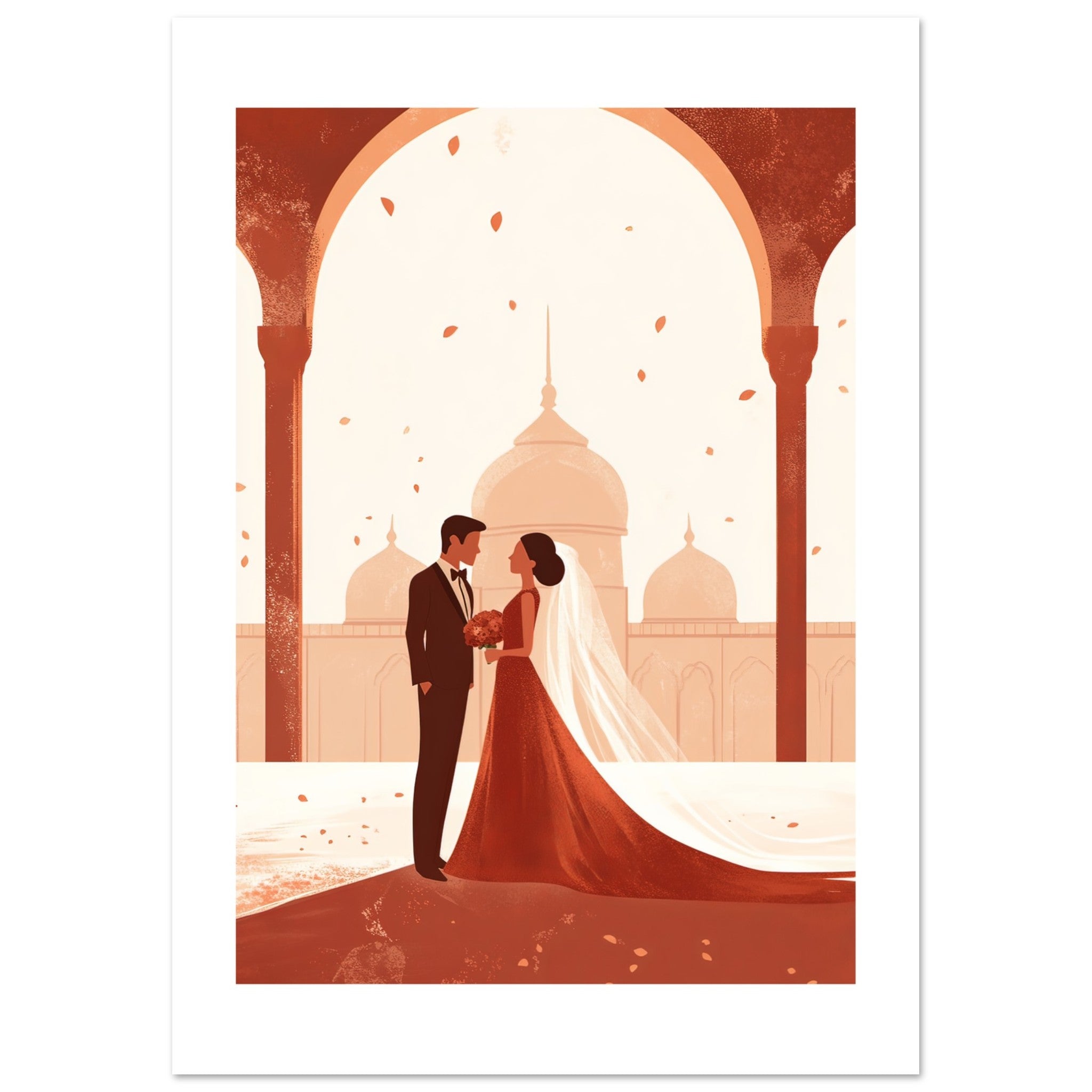 An asian wedding couple infront of a mosque