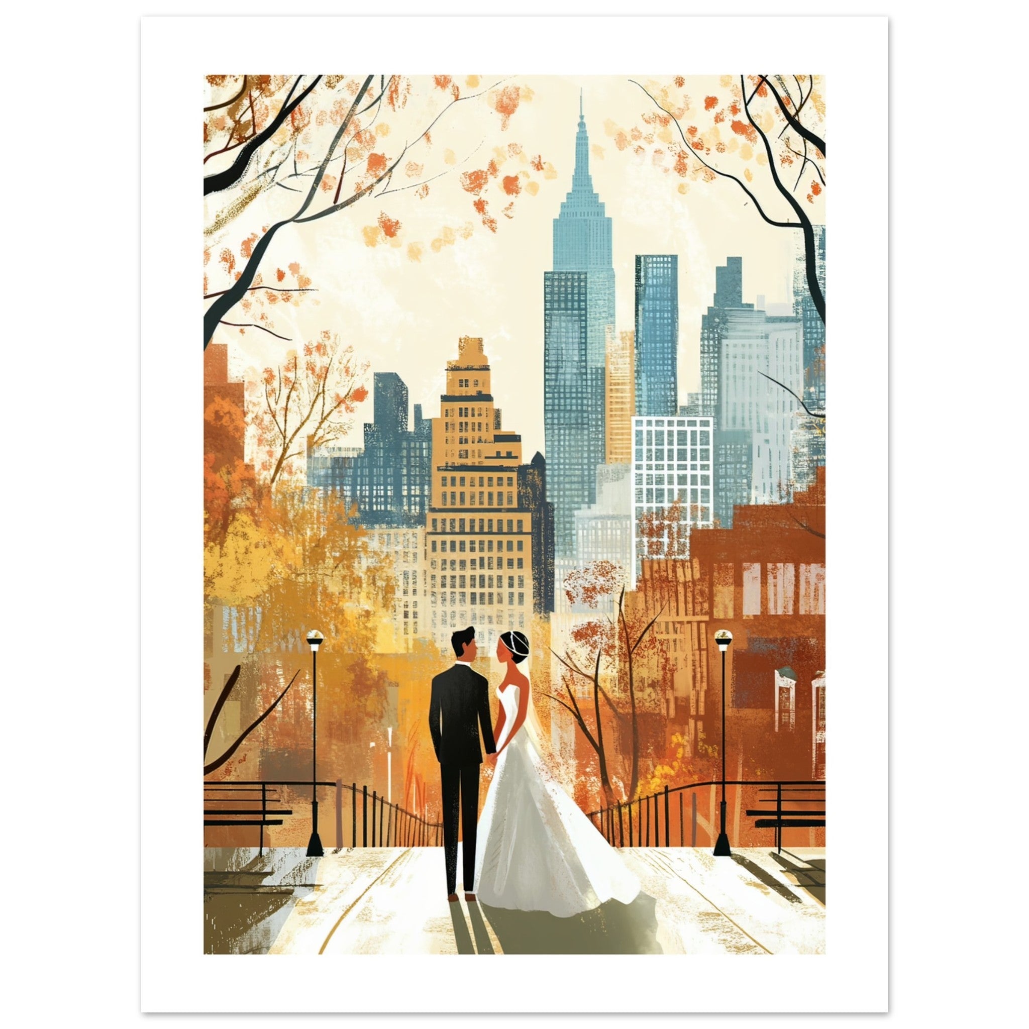 A mixed wedding couple infront of New York 1