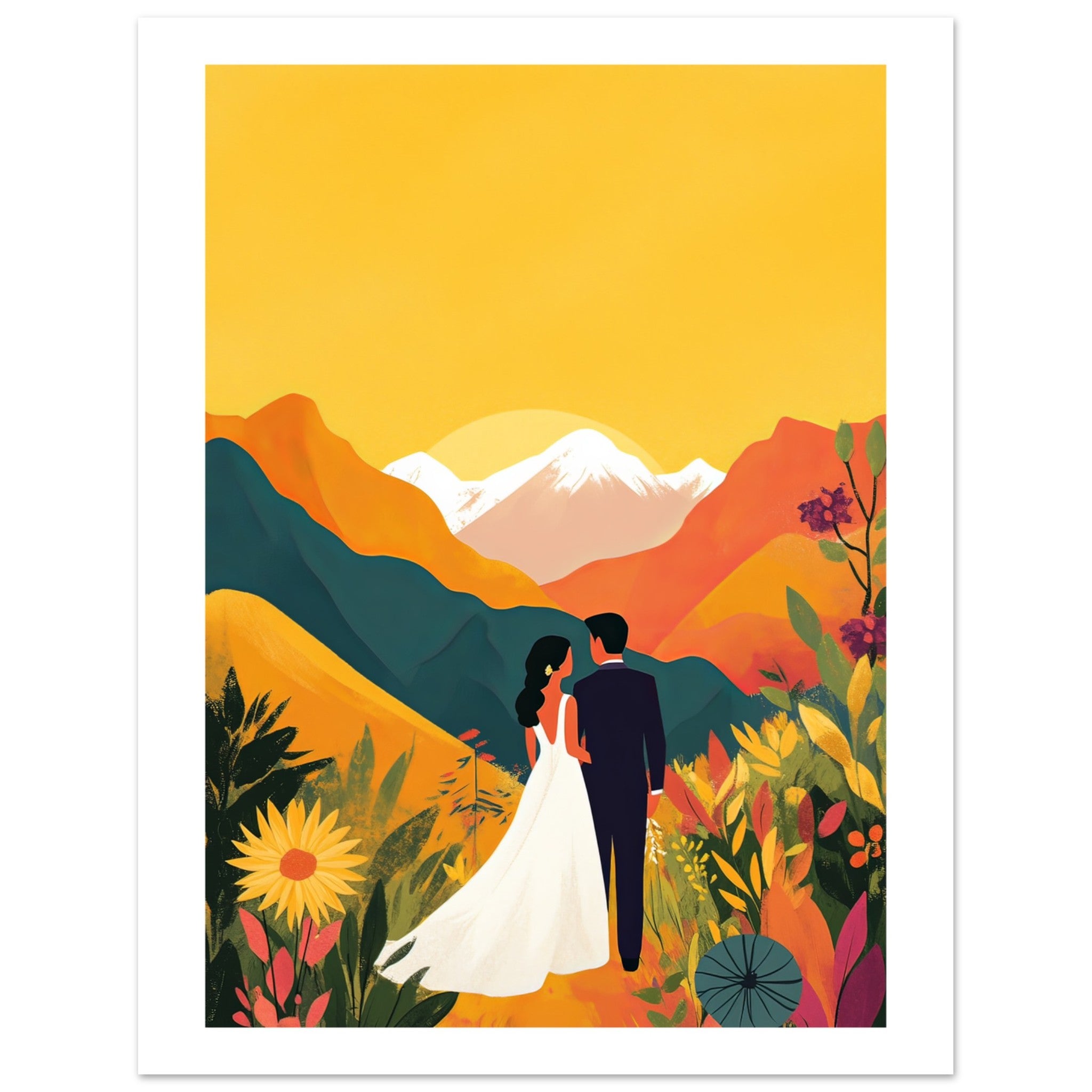 An asian wedding couple infront of mountains