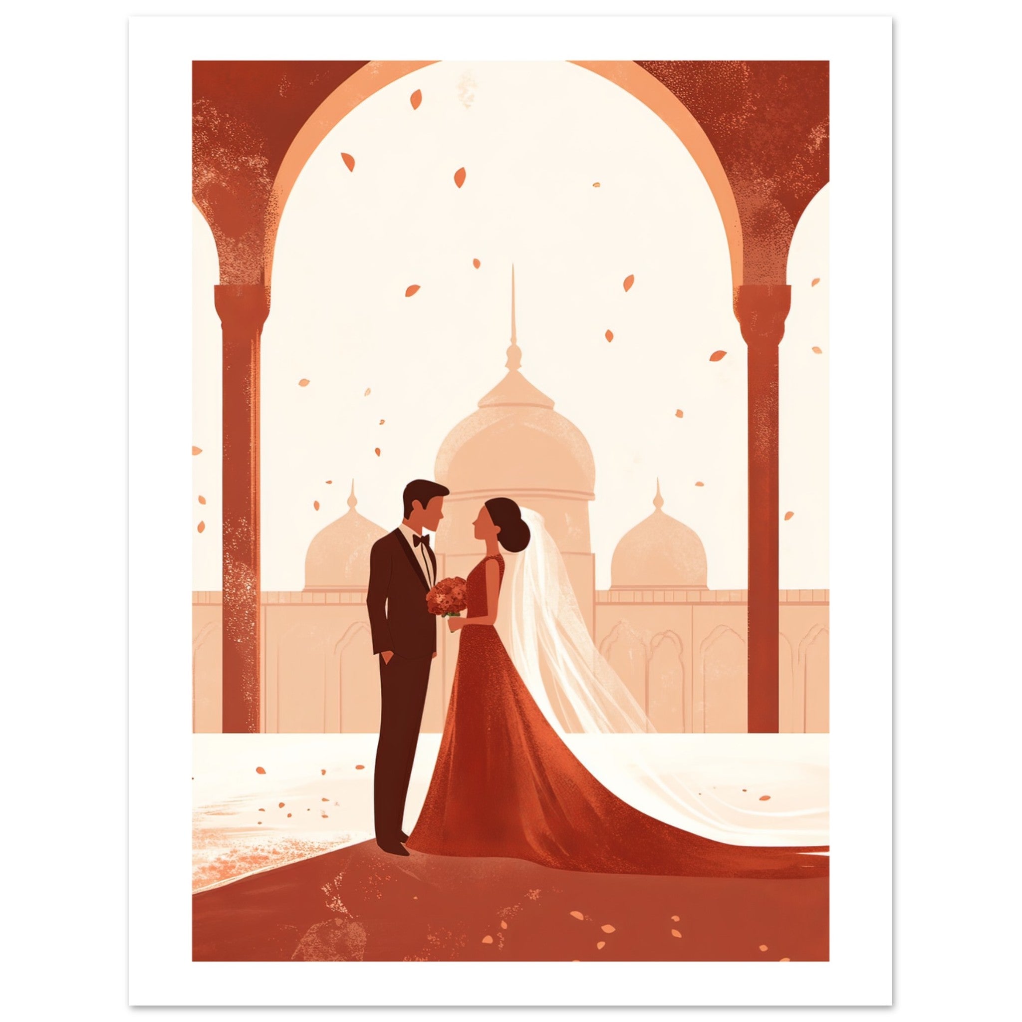 An asian wedding couple infront of a mosque