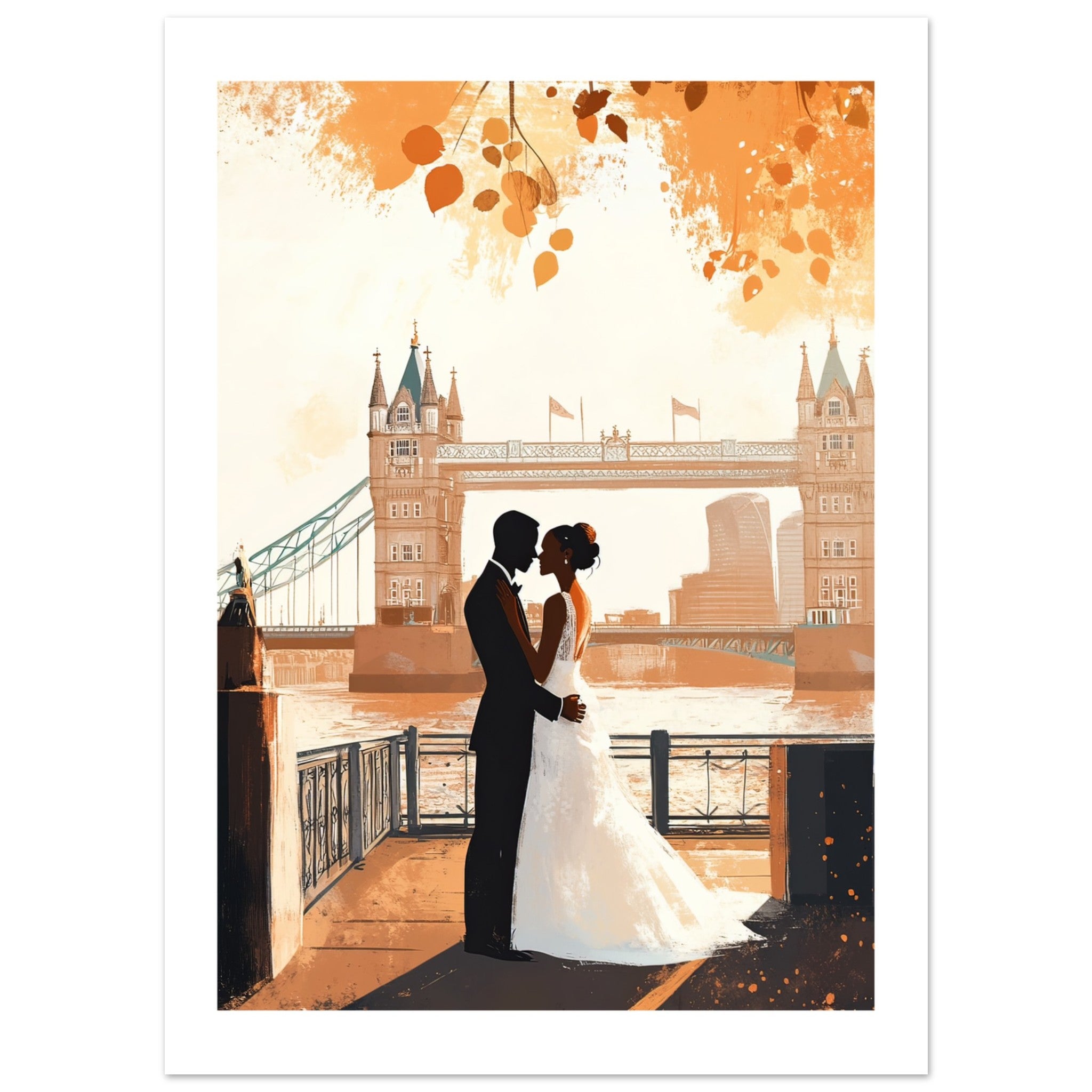 A black wedding couple infront of the London Brid