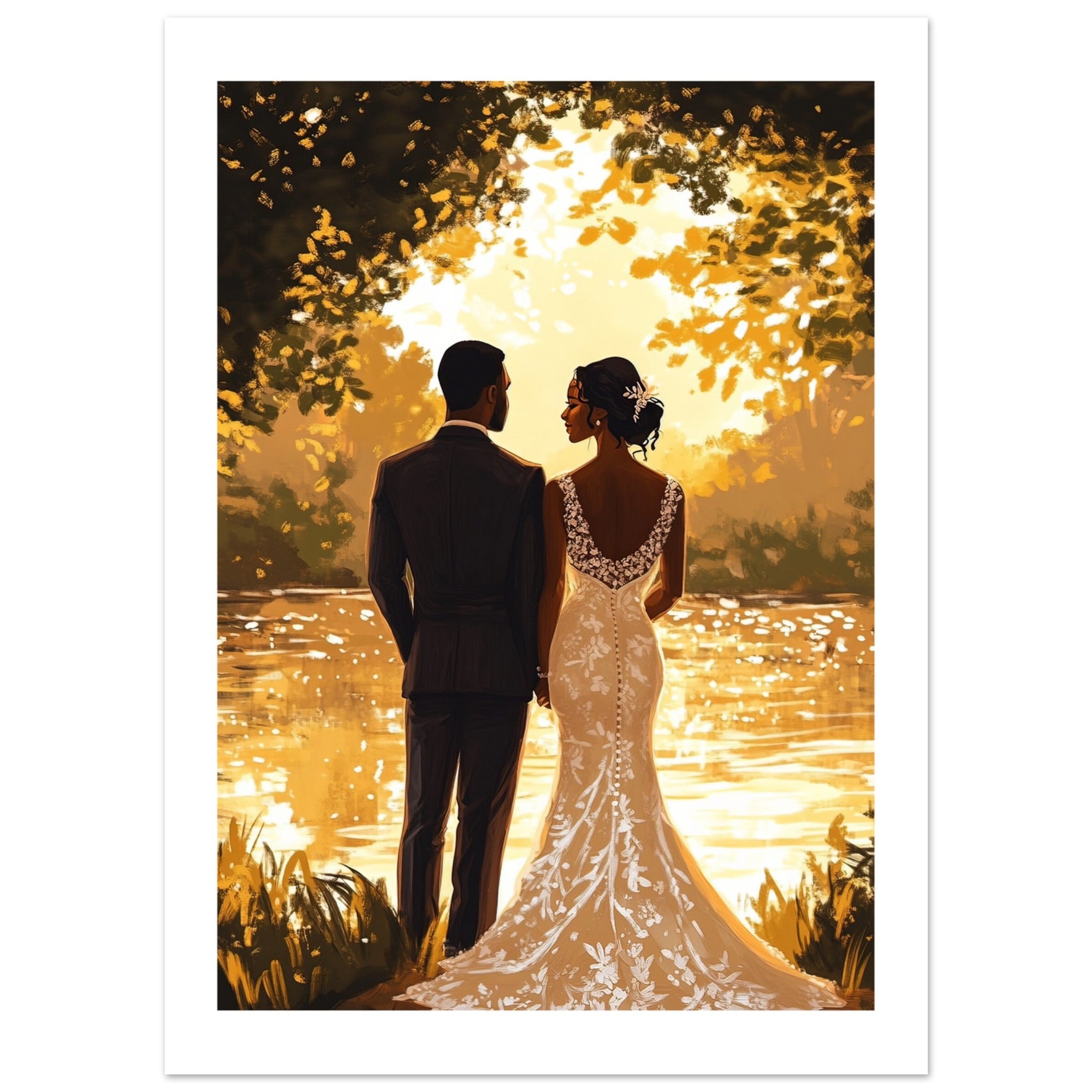 A black wedding couple infront of a lake