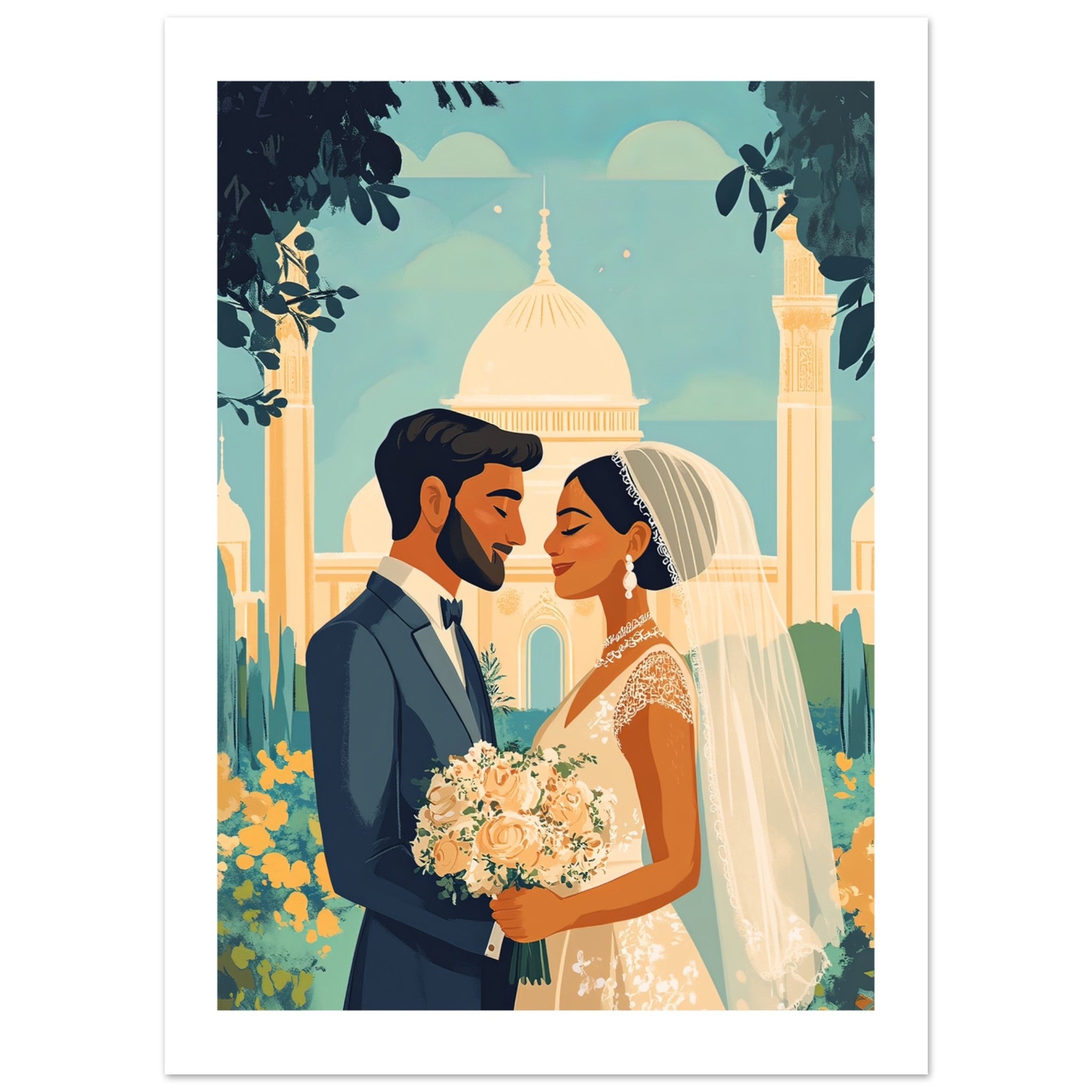 A mixed wedding couple infront of a mosque 1