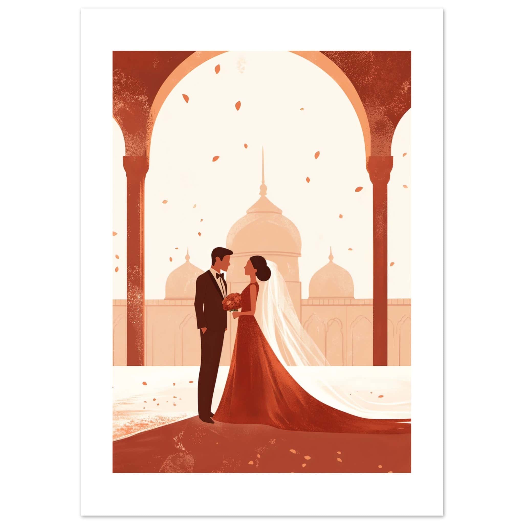 An asian wedding couple infront of a mosque