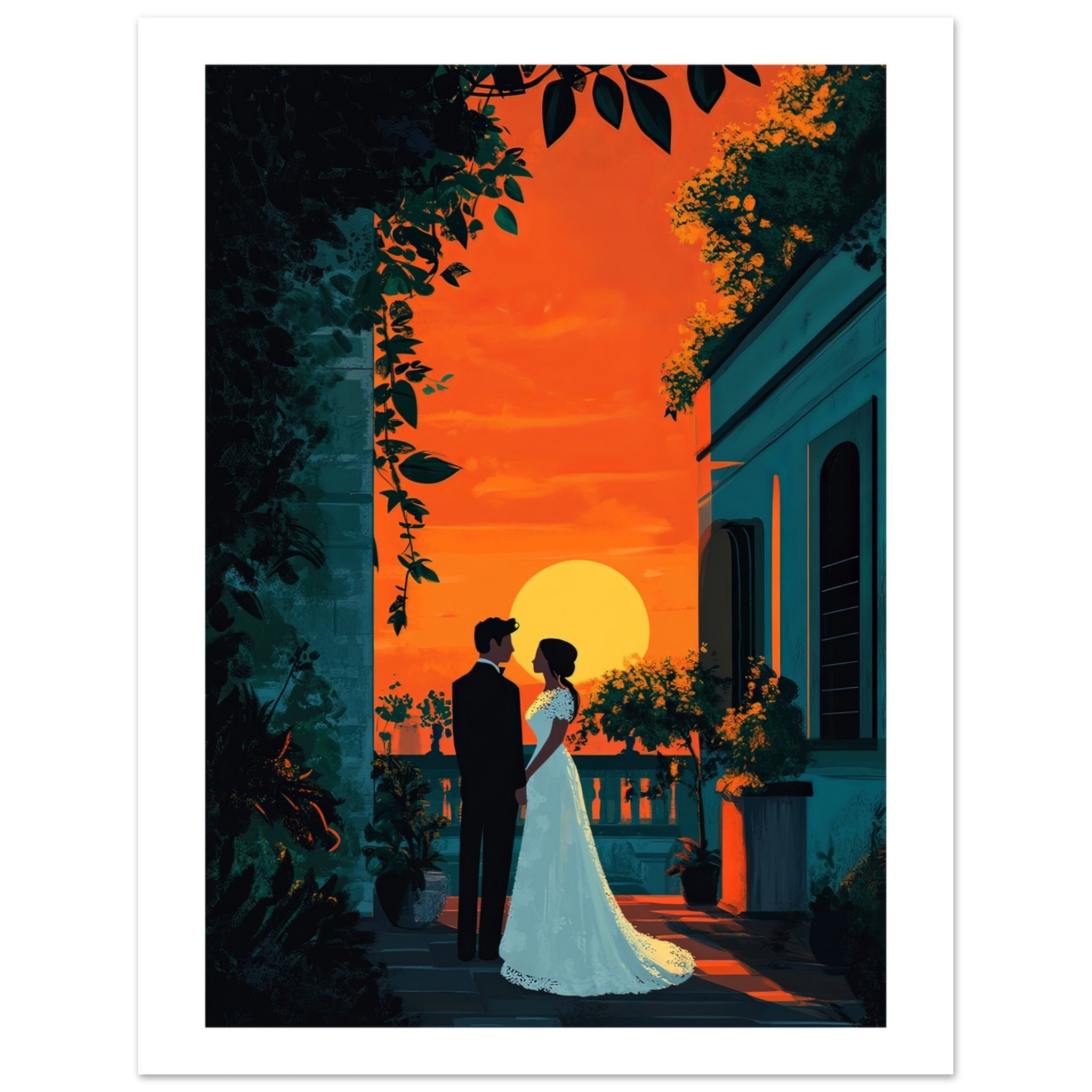 A wedding couple infront of a museum