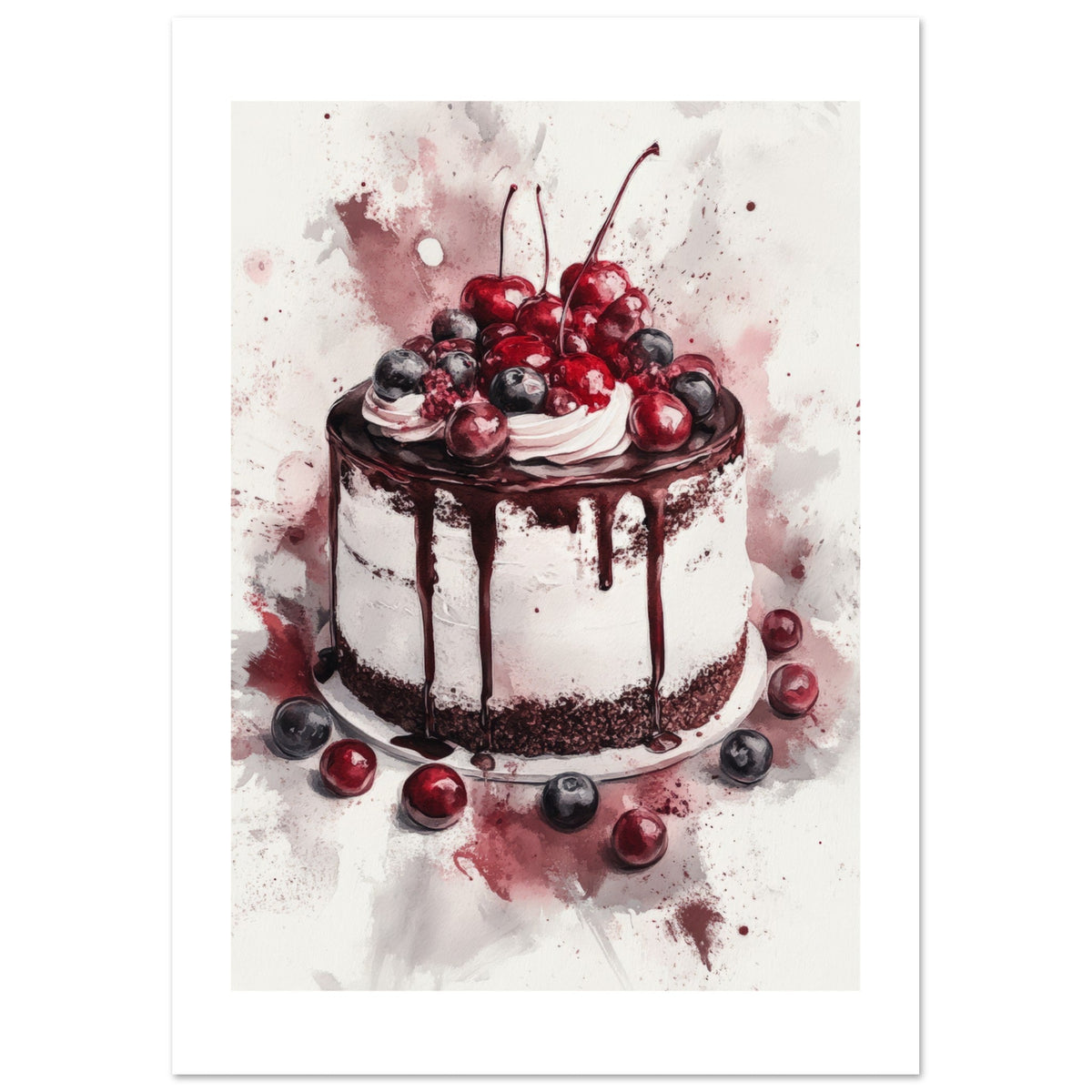 Black Forest Cake Watercolor Painting Wall Art