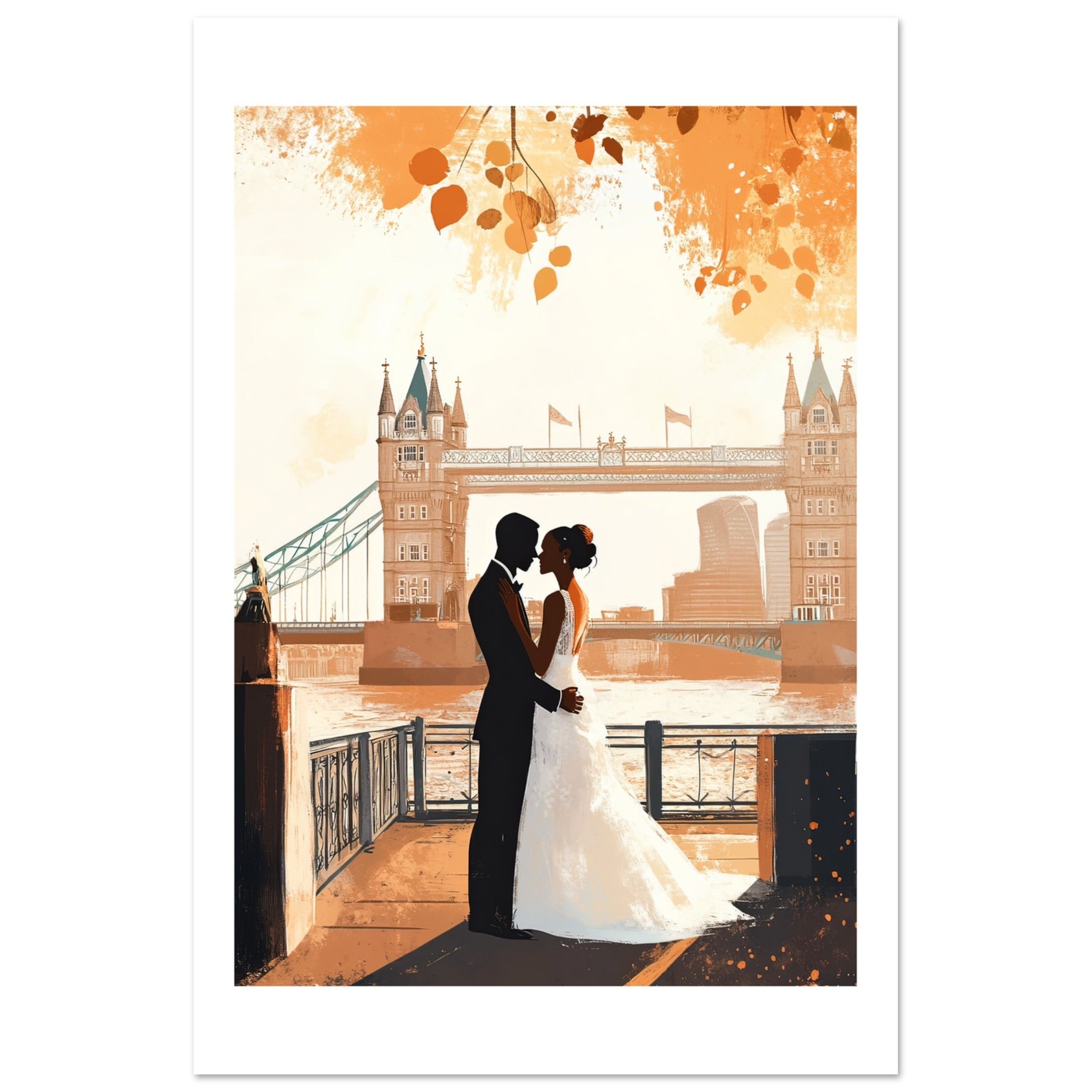 A black wedding couple infront of the London Brid
