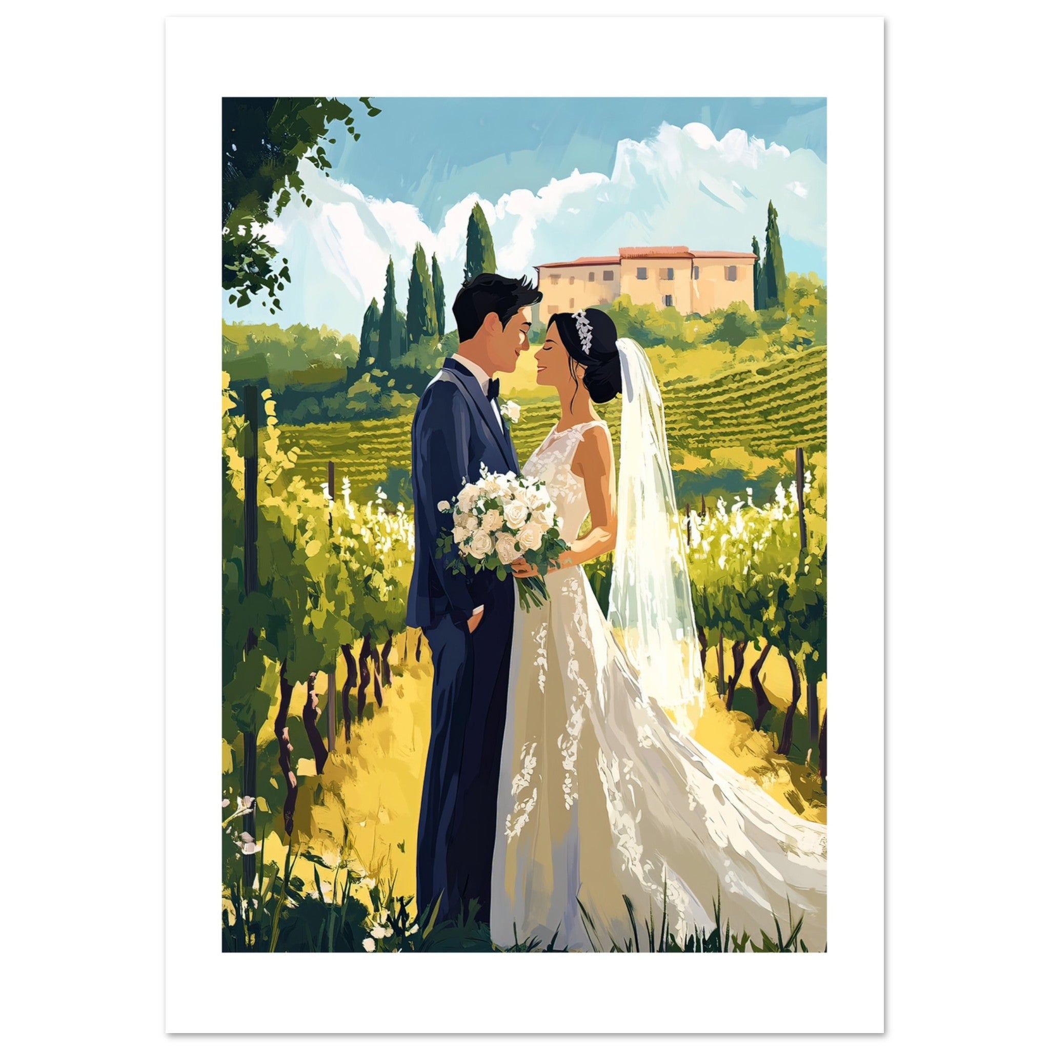 An asian wedding couple infront of a vineyard
