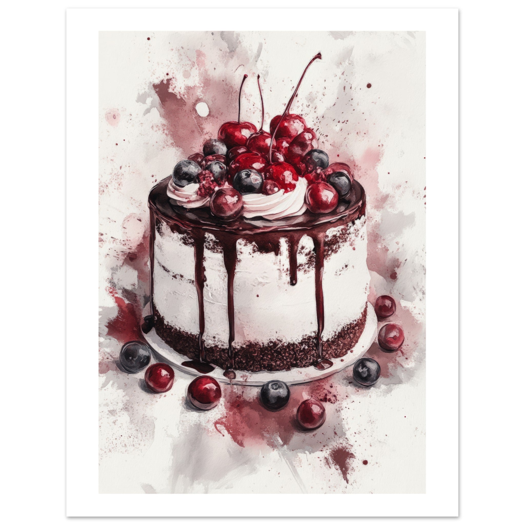 Black Forest Cake Watercolor Painting Wall Art