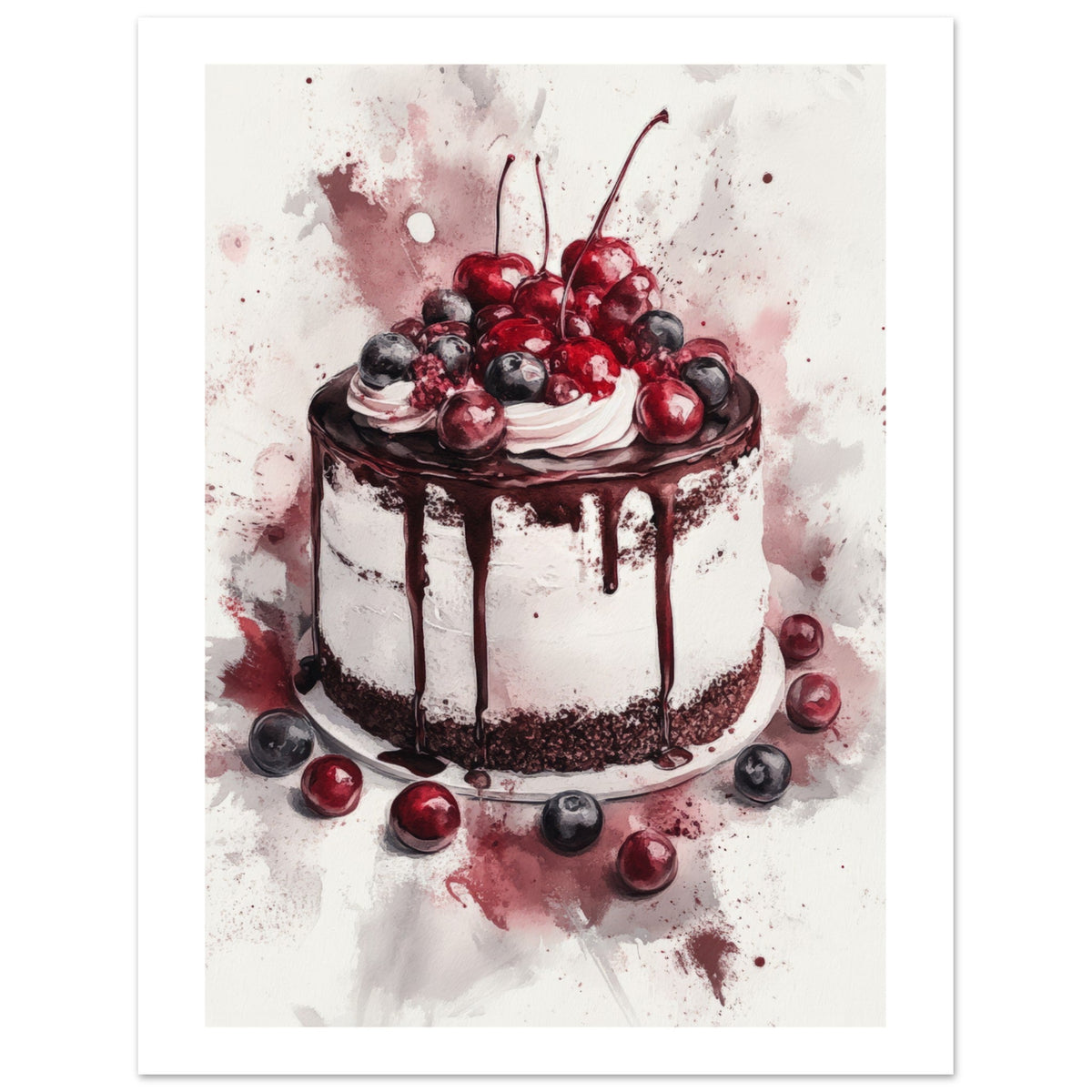 Black Forest Cake Watercolor Painting Wall Art