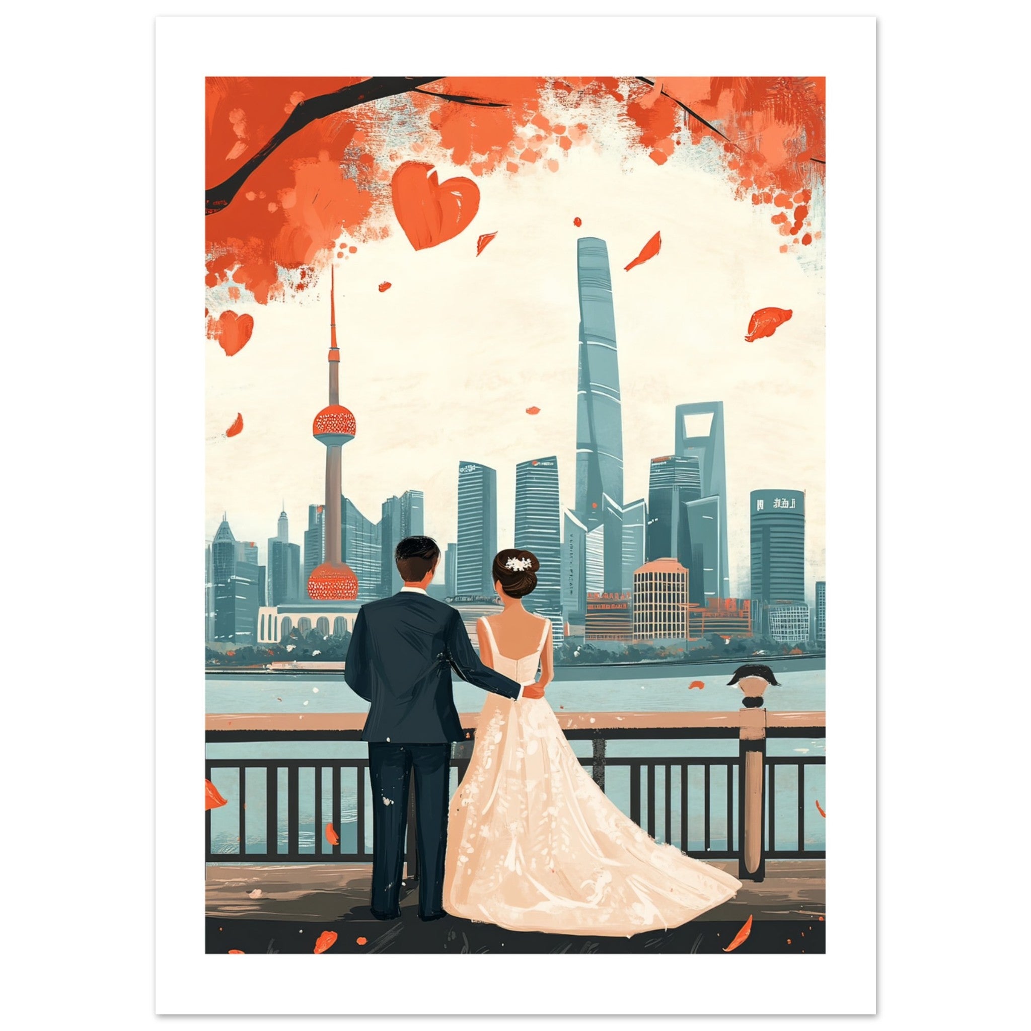 A wedding couple infront of Shanghai