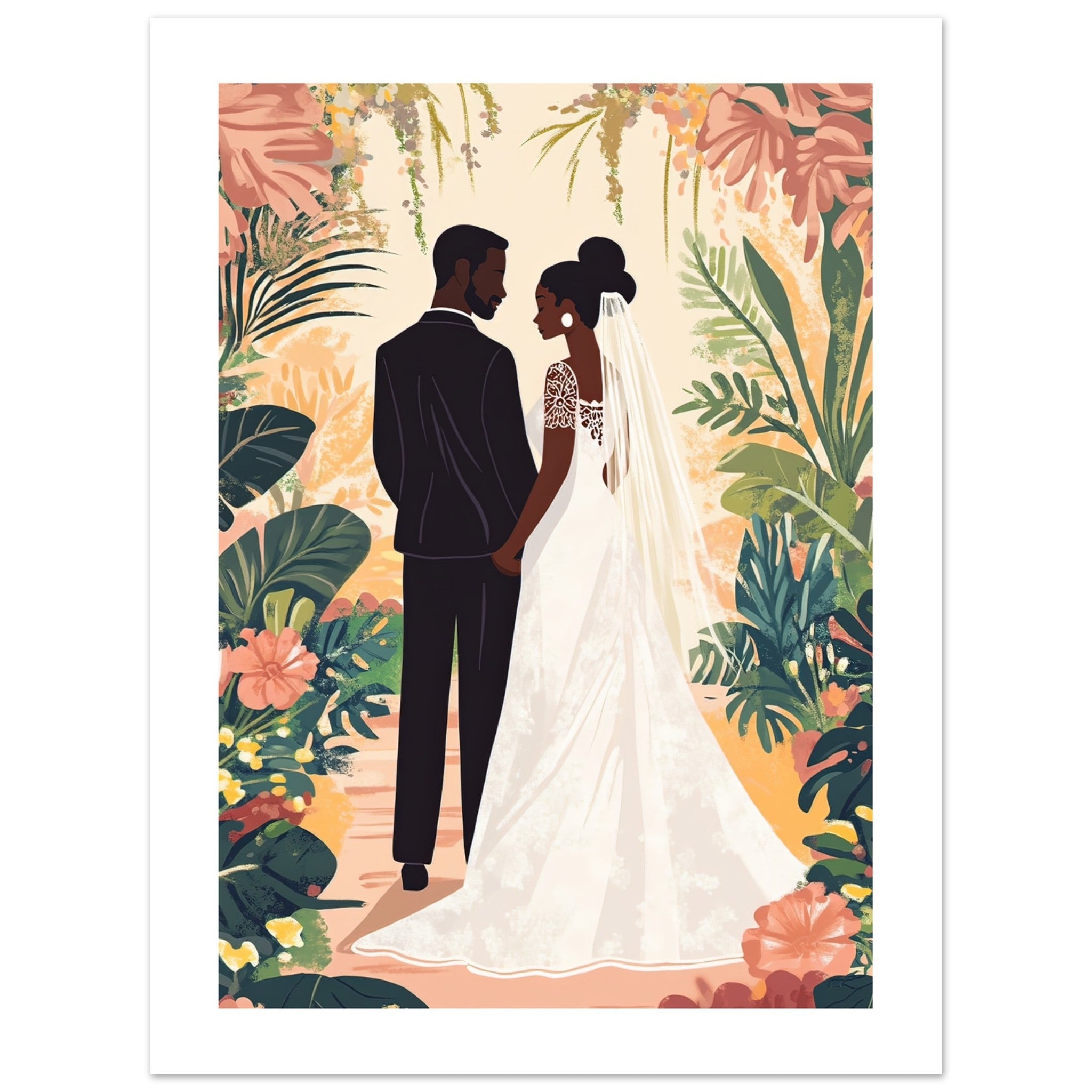 A black wedding couple infront of a garden